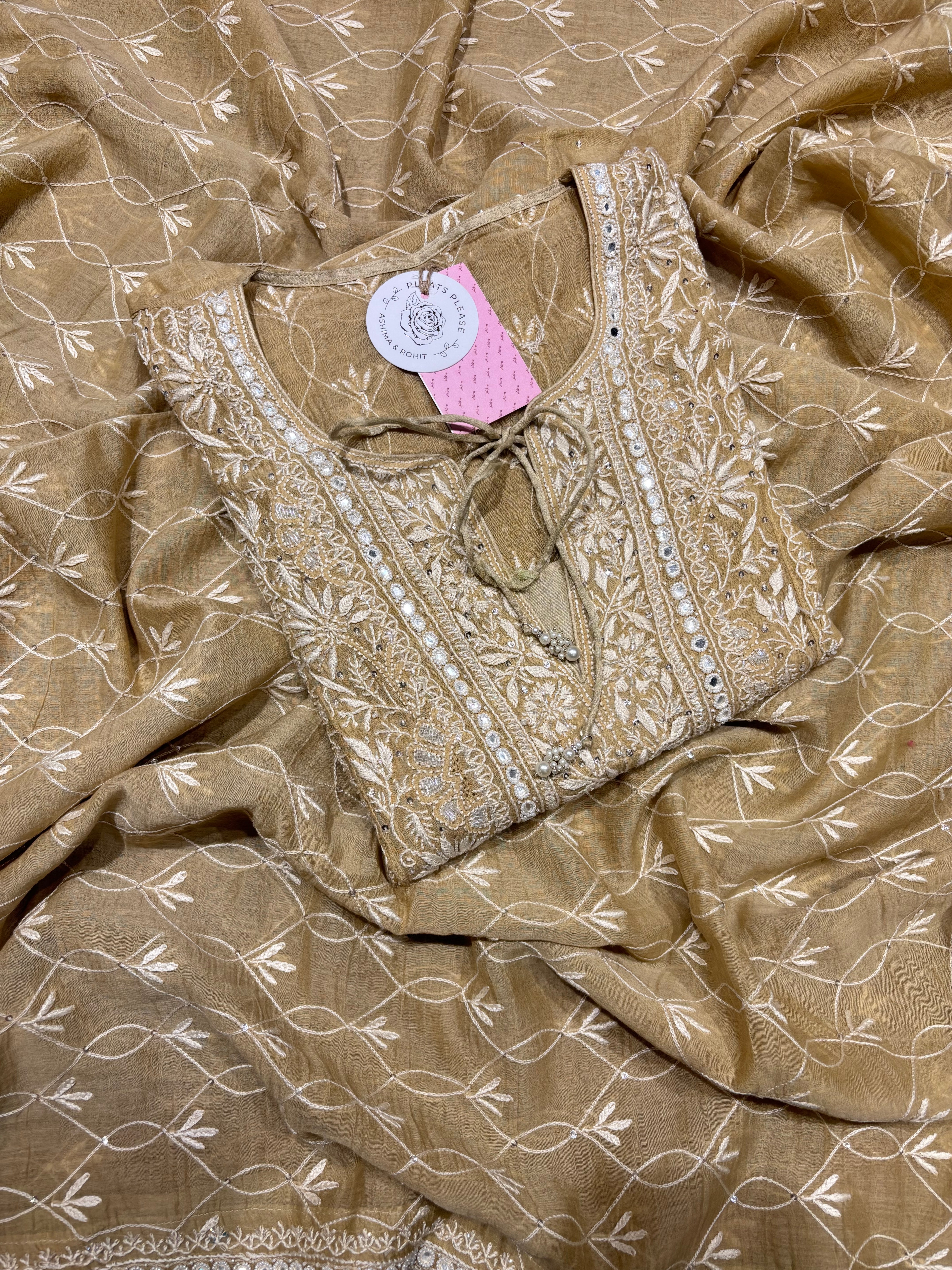 Mustard Gold Chanderi Mul Chikankari kurta and Dupatta Set