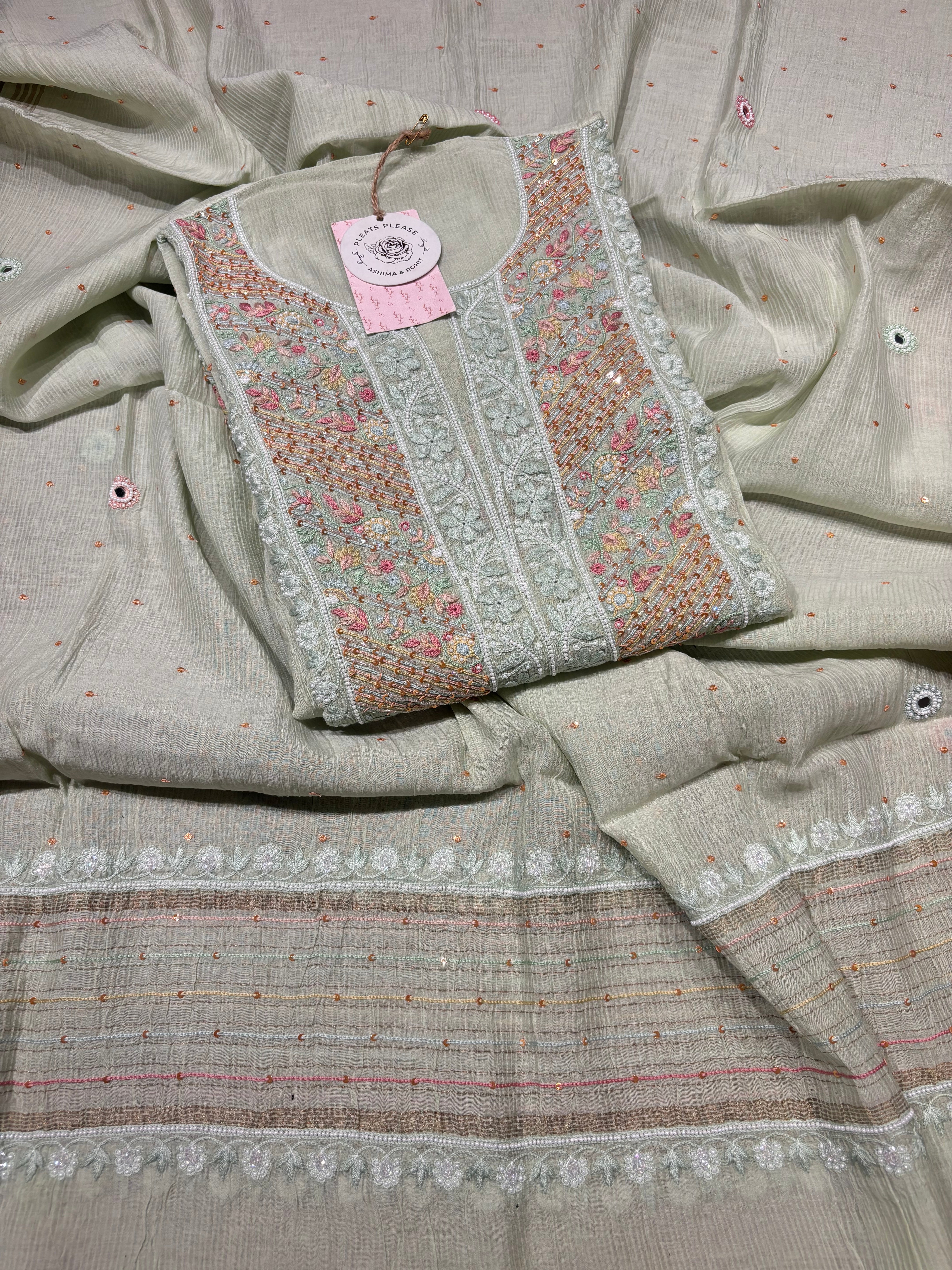 Mint Green Chanderi Mul Chikankari Kurta and Dupatta
