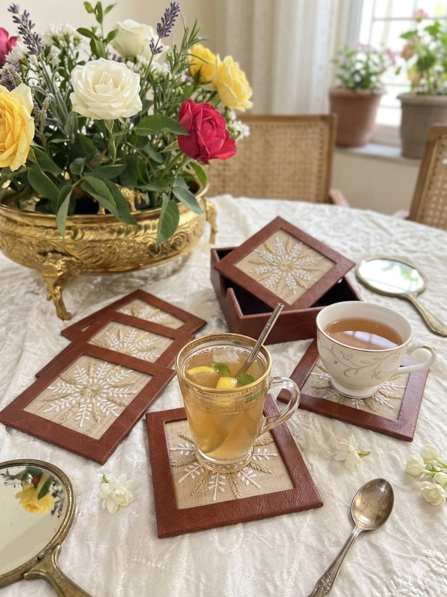Leather Frame Chikankari Tea-Coaster 6-Piece Set