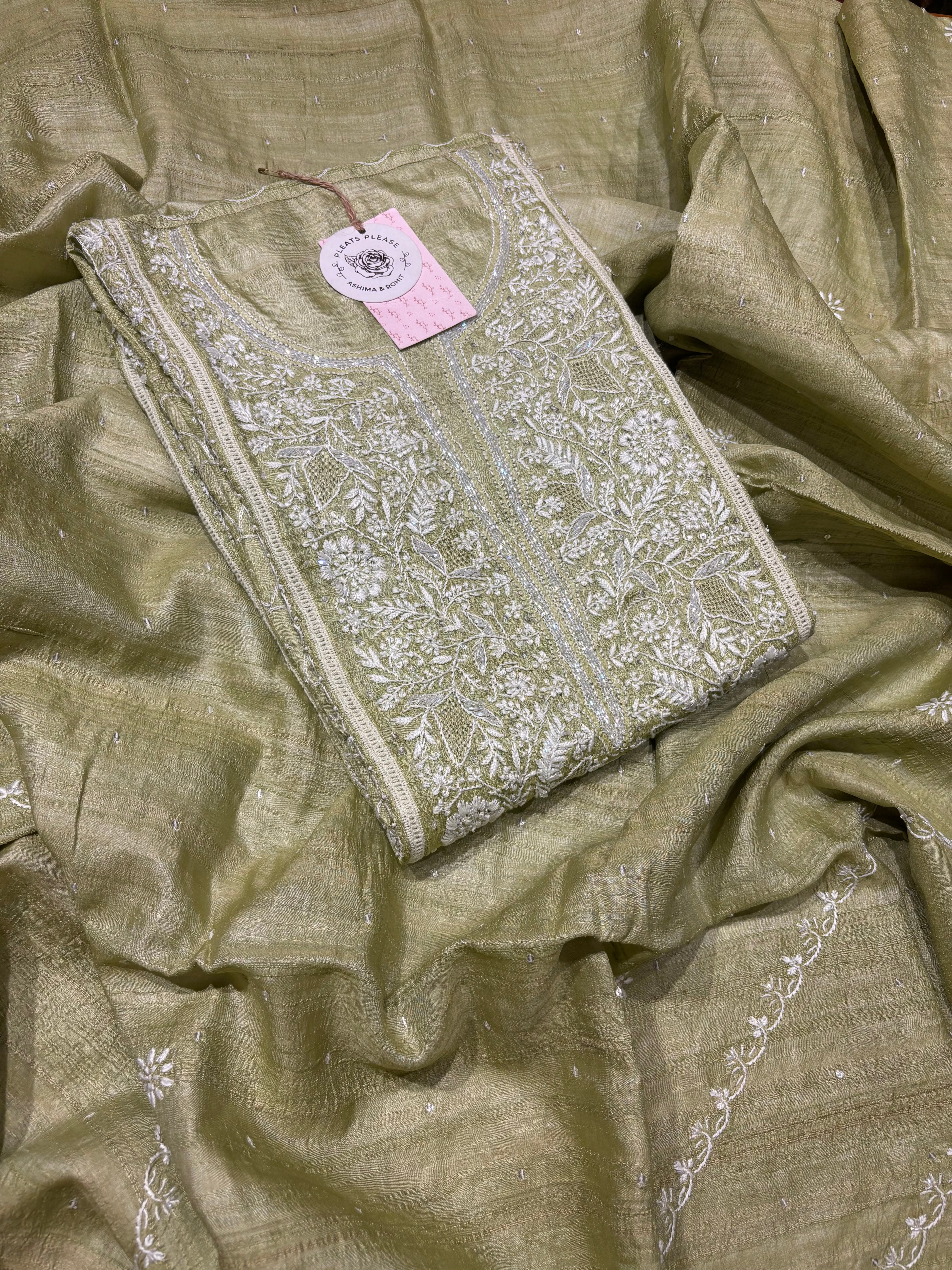 Sage Green Tussar Silk Chikankari Kurta And Dupatta Set