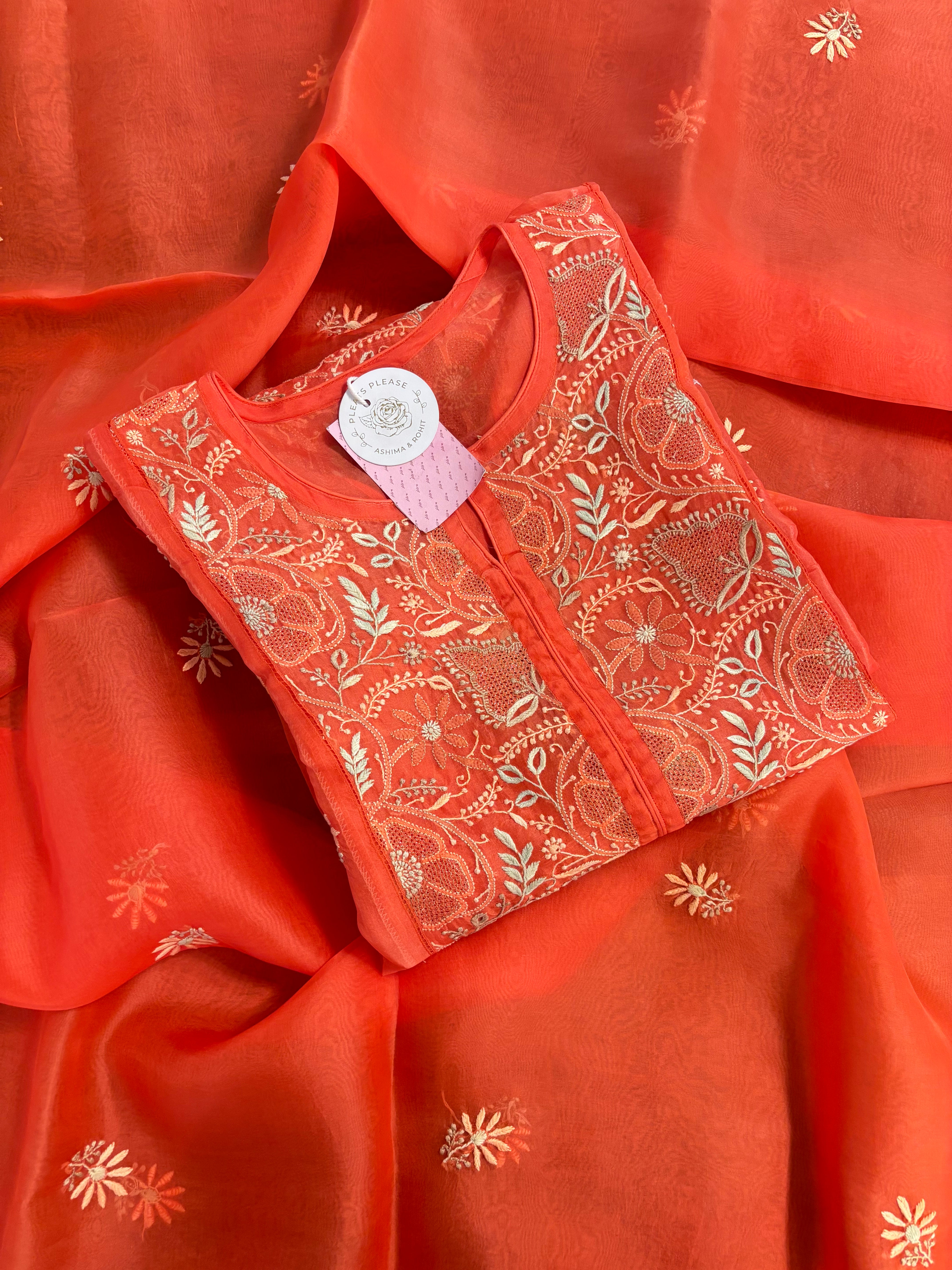 Burnt Orange Pure Organza Silk Chikankari Kurta & Dupatta