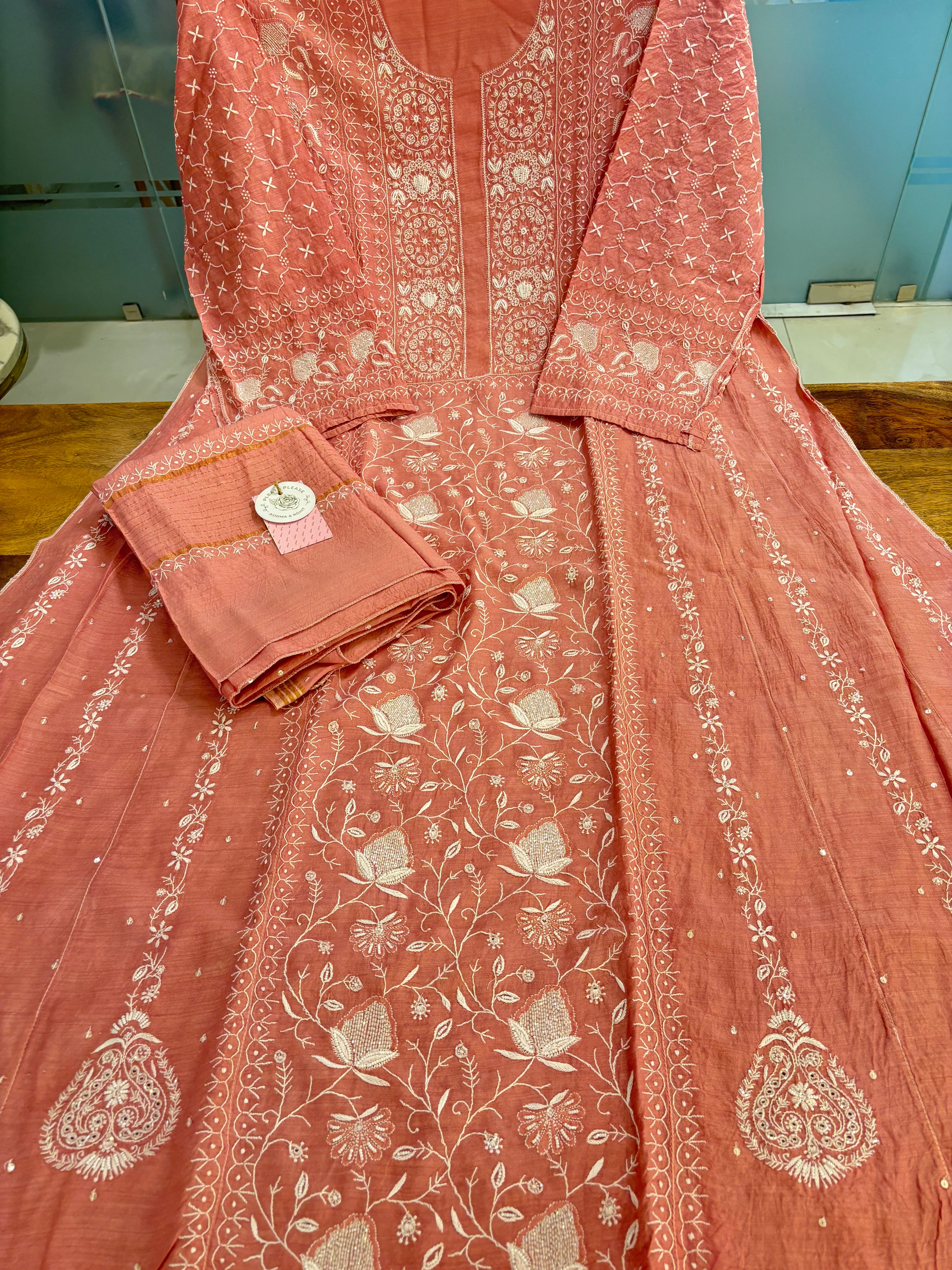 Peach Monga Silk Chikankari Anarkali & Dupatta Set