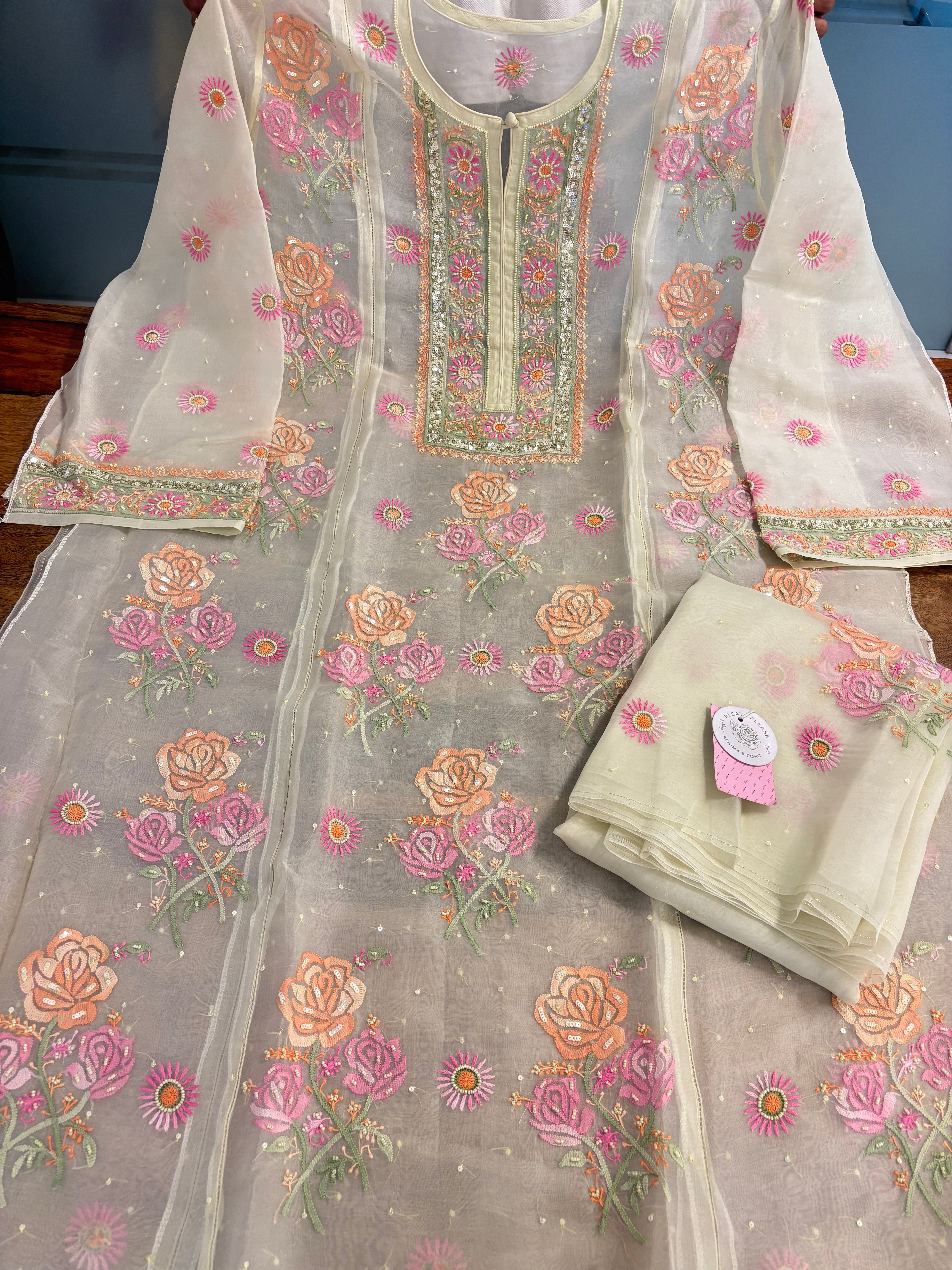 Pistachio Pure Organza Silk Chikankari Kurta & Dupatta