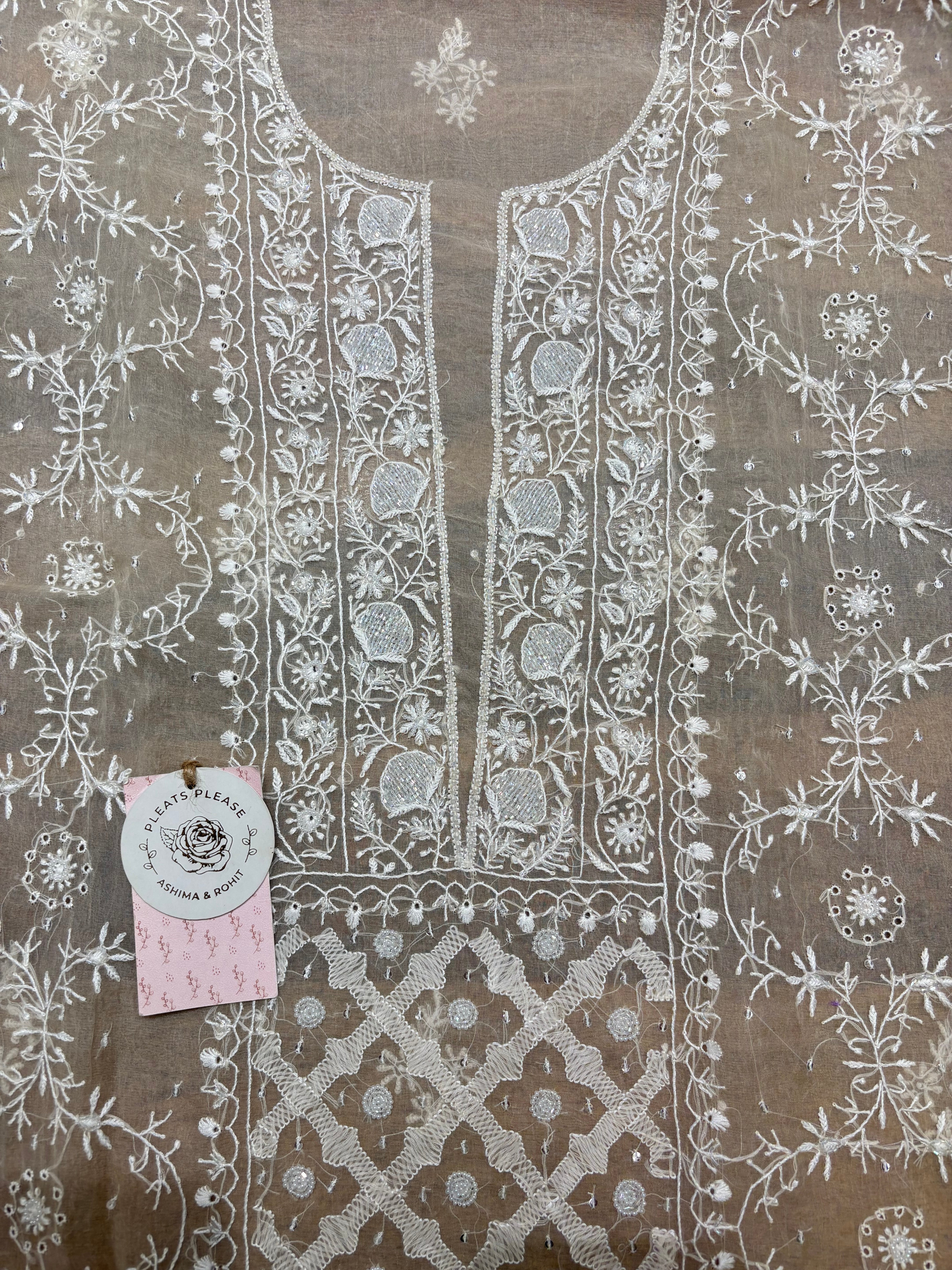 brown Ombré Organza Chikankari Kurta & Dupatta Fabric
