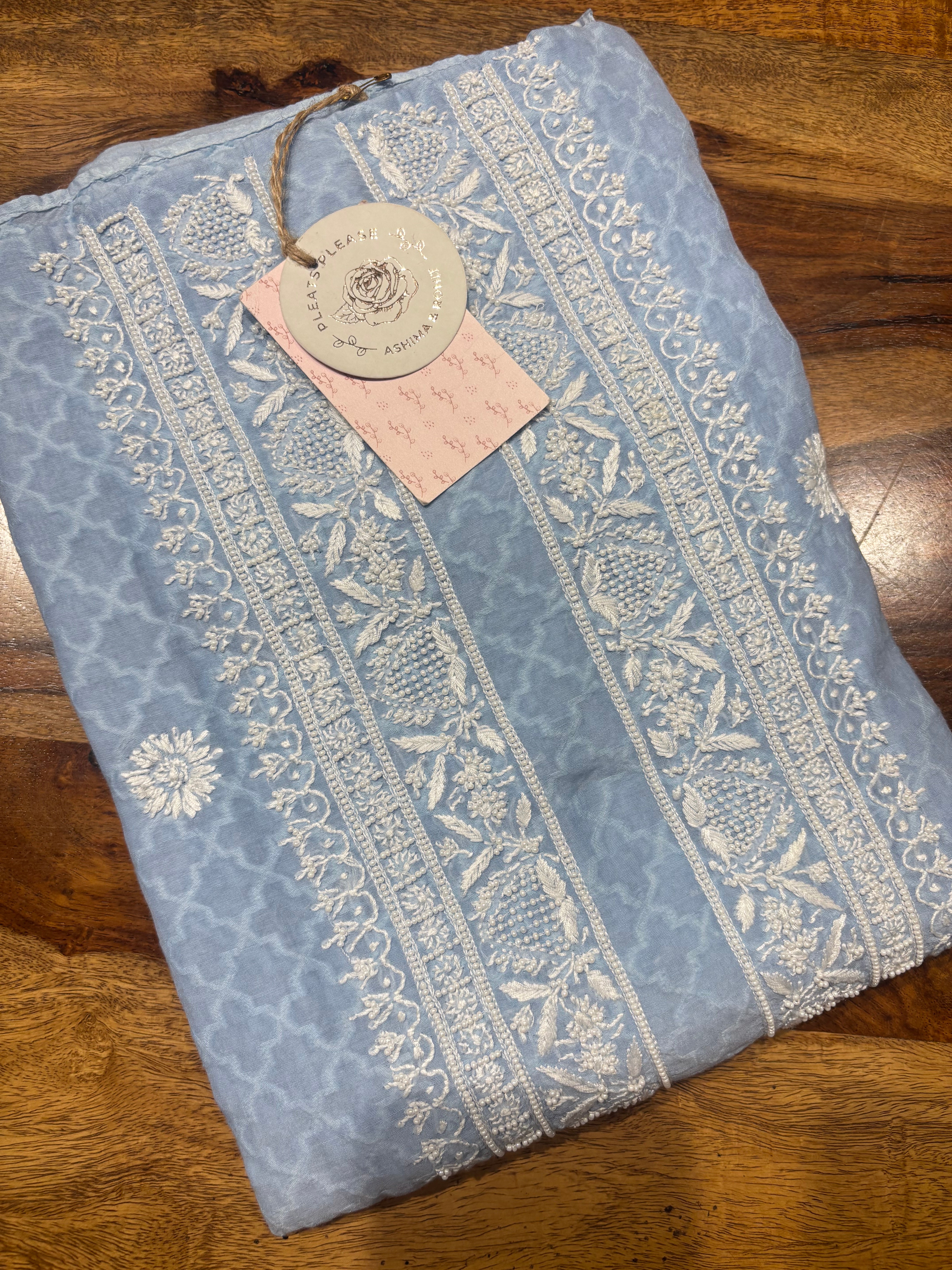 Blue Chanderi Jacquard Chikankari Men's Kurta Fabric