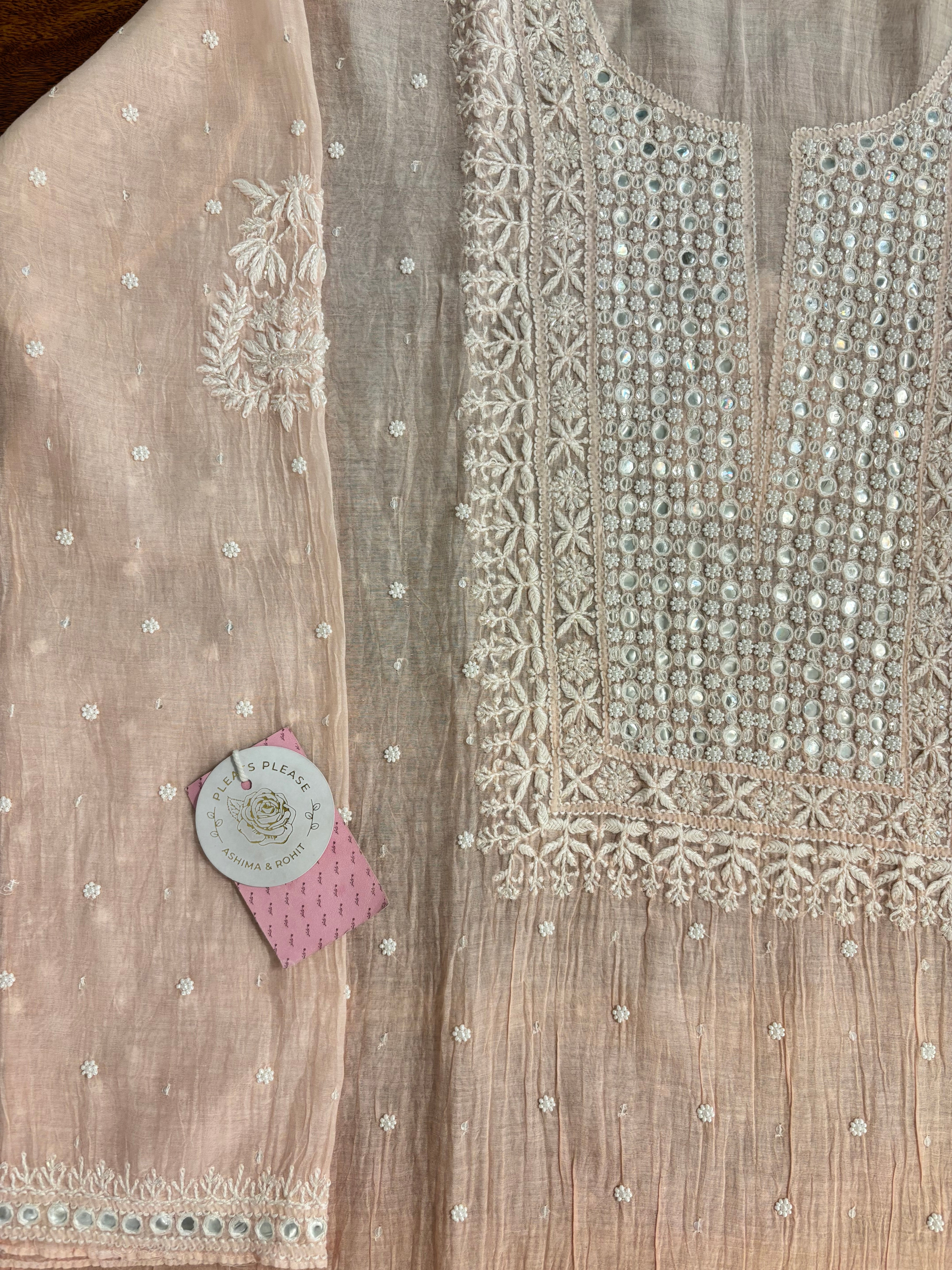 Pastel Peach Pure Chanderi Ombre Chikankari Kurta & Dupatta Set - Pleats PleaseChikankari
