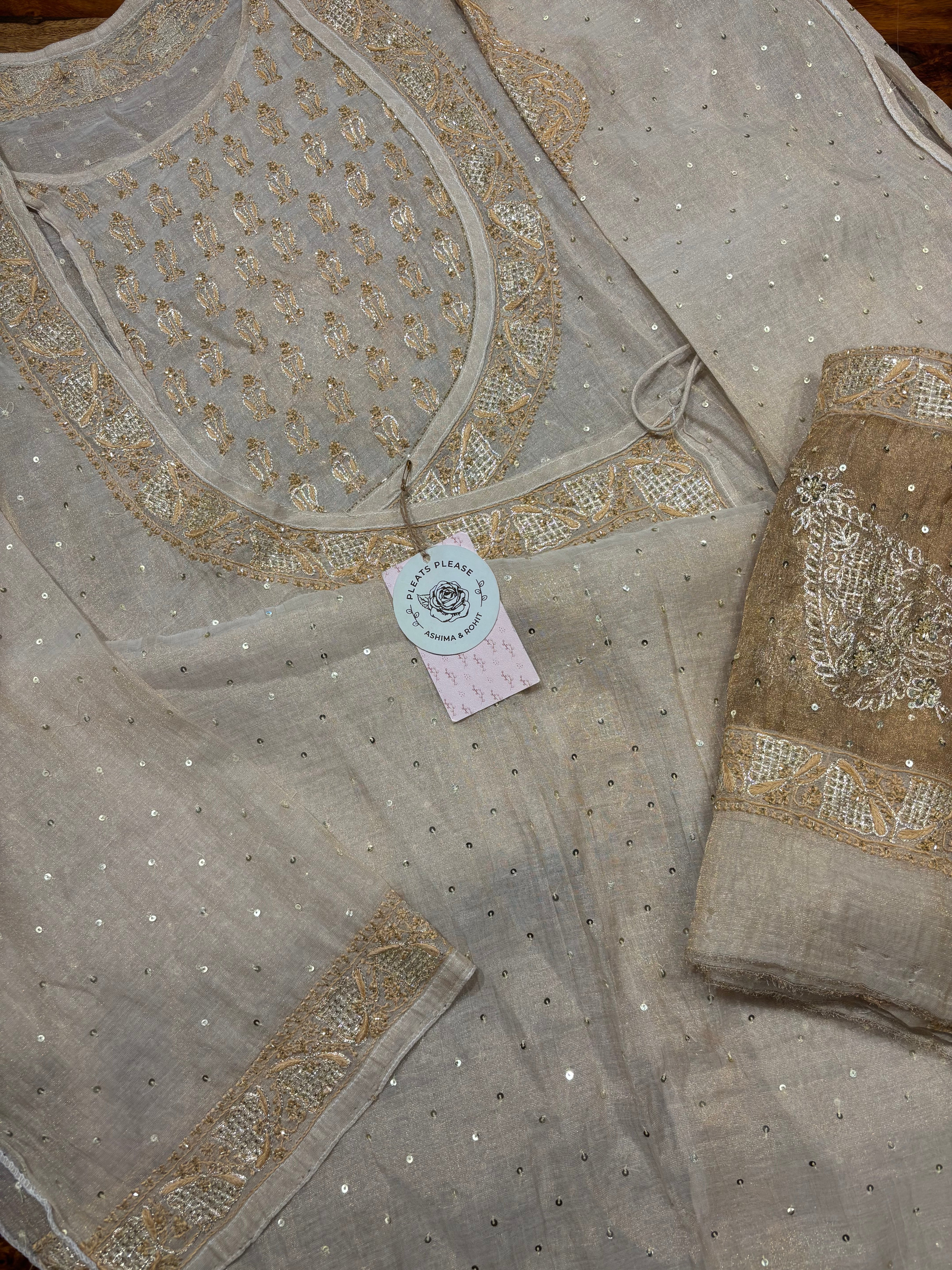 Dyeable Pure and Premium Tissue Chikankari Angrakha A line Anarkali and Dupatta set