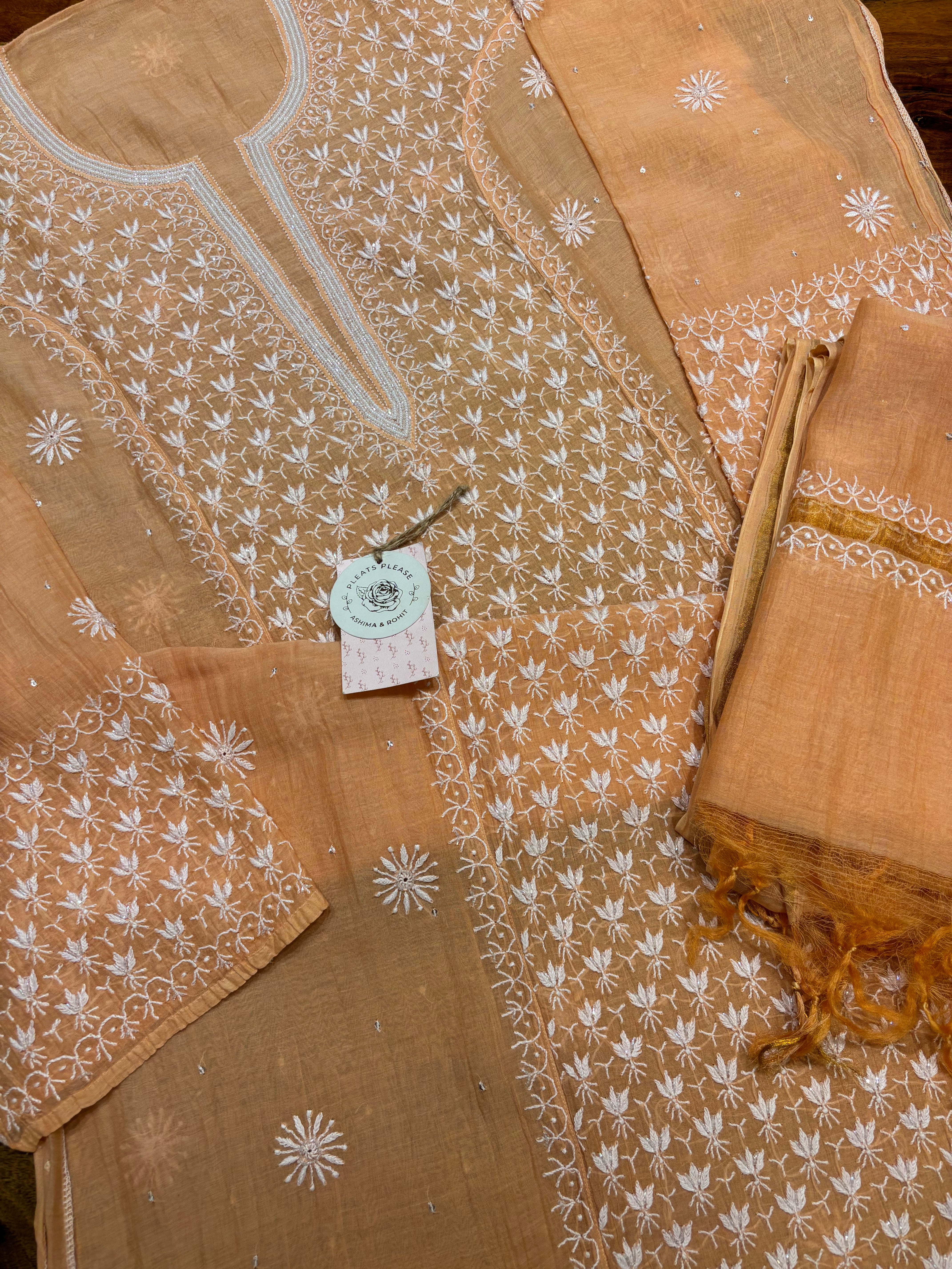 Peach Chanderi Mul Chikankari Kurta and Dupatta Set