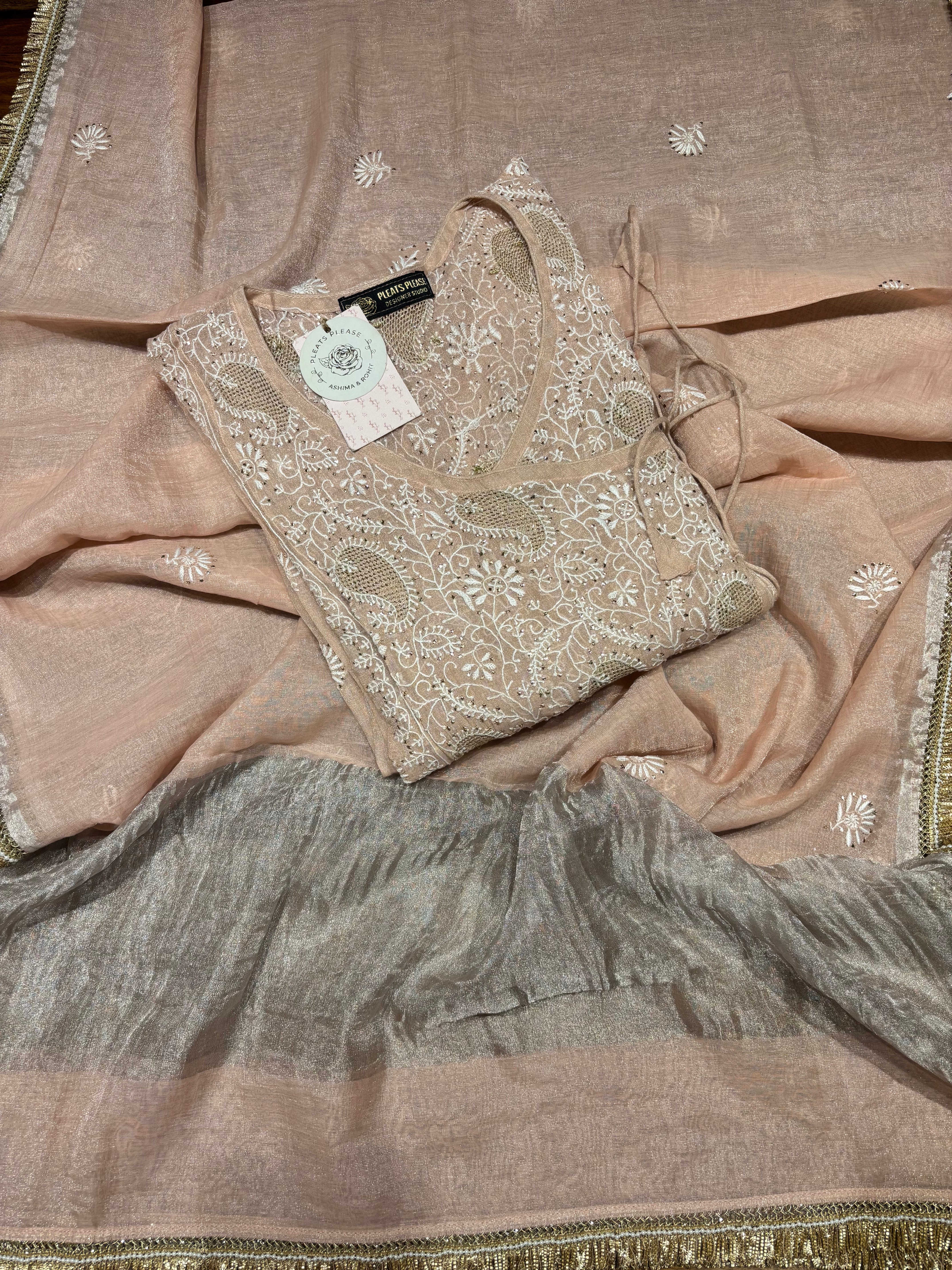 Peach Pure & Premium Tissue Chikankari Angrakha Kurta & Dupatta Set