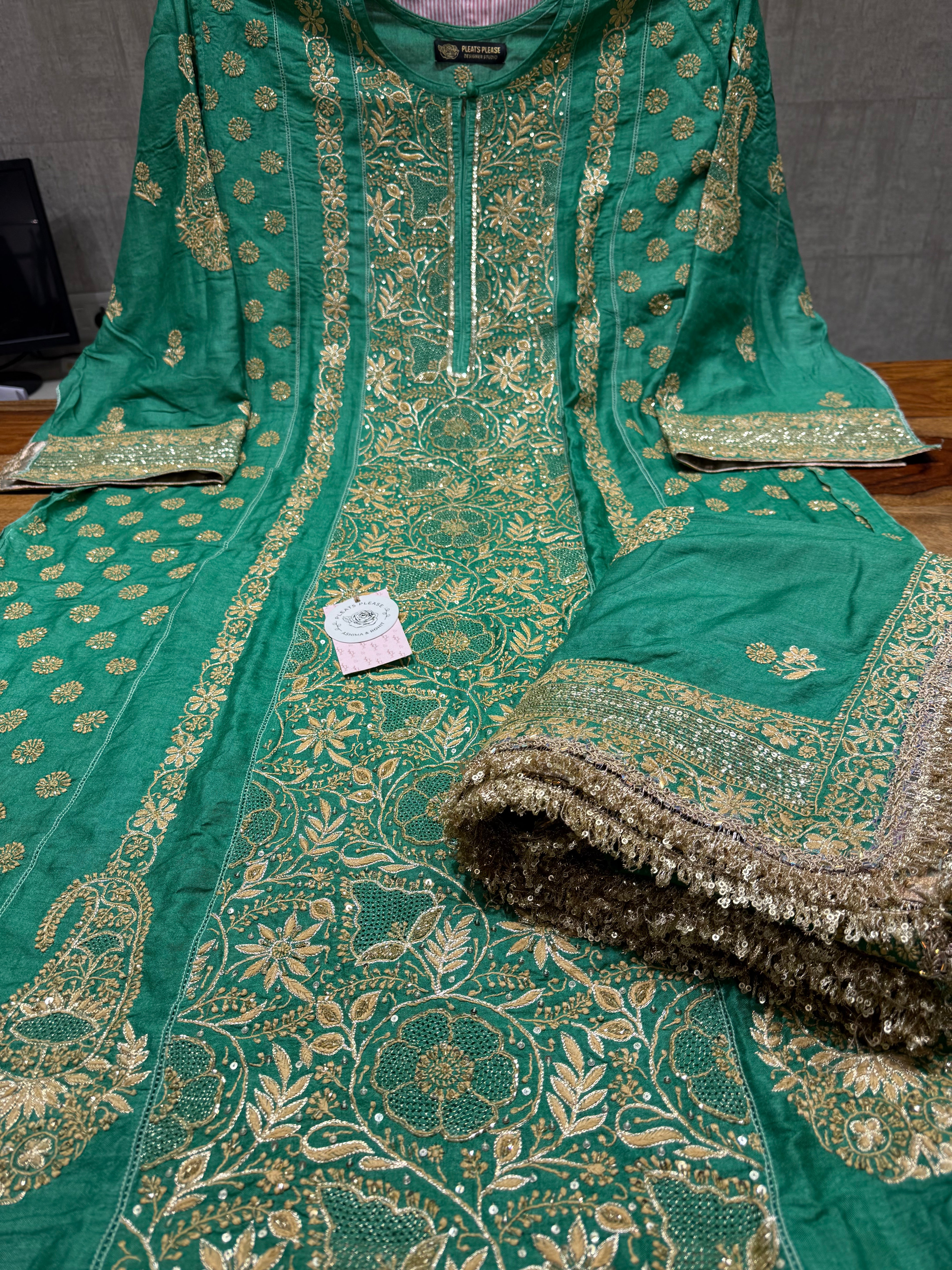 Emerald Green Monga Silk Chikankari A-Line Anarkali & Dupatta Set