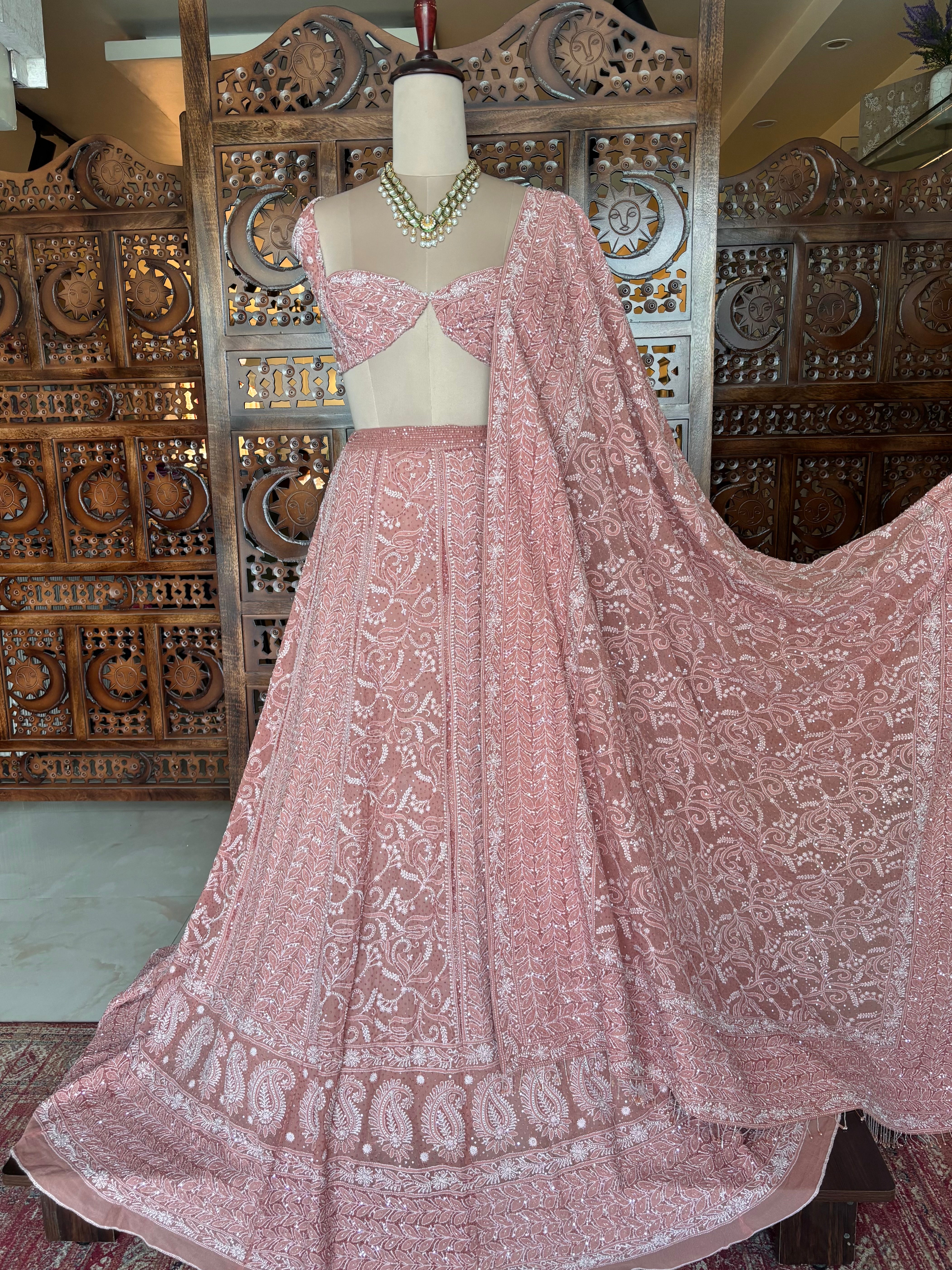 Dusty Rose Pure & Premium Georgette Lehenga & Dupatta Set