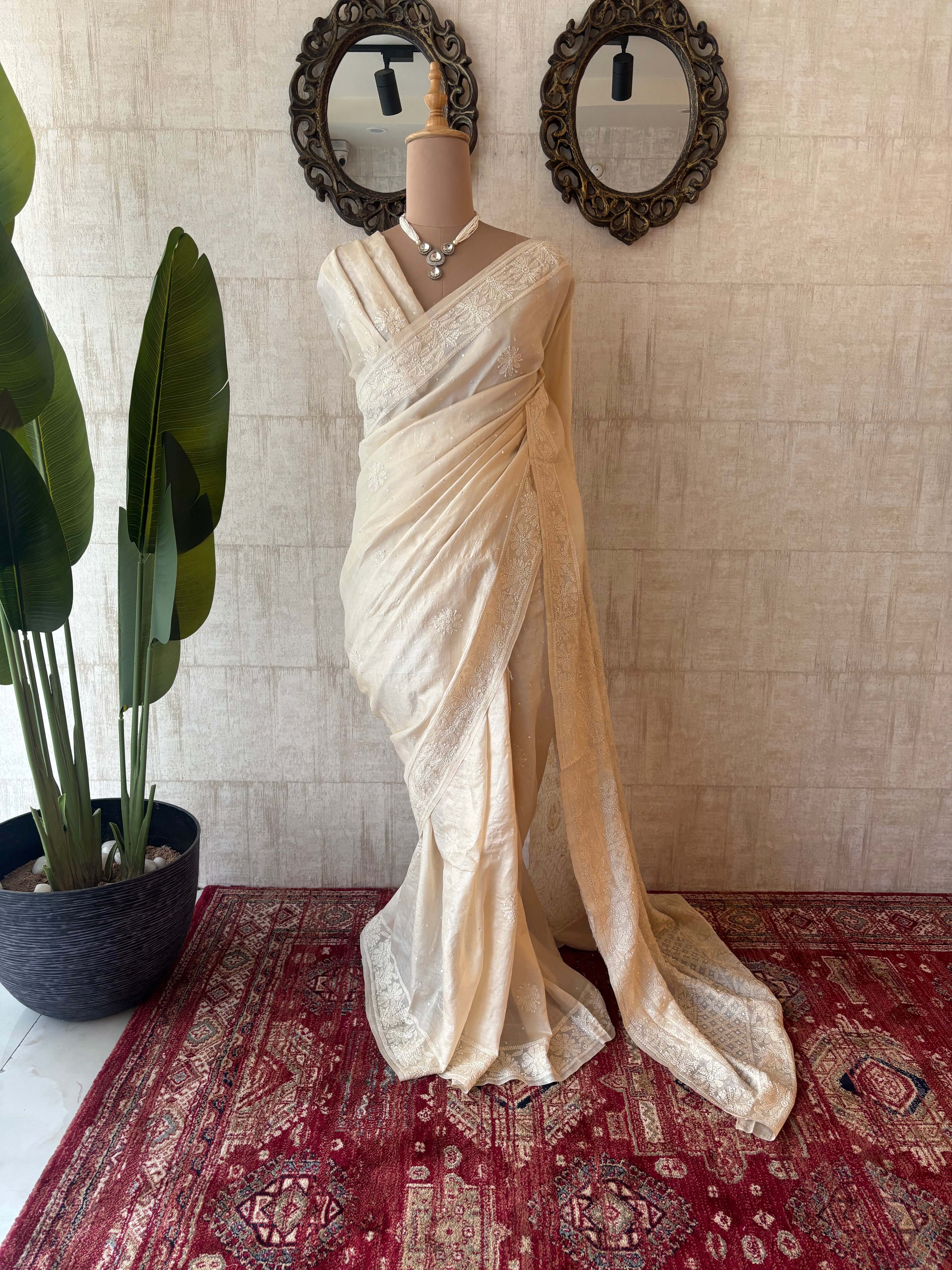 Dyeable Pure and Premium Tussar Silk Chikankari  Saree and Blouse