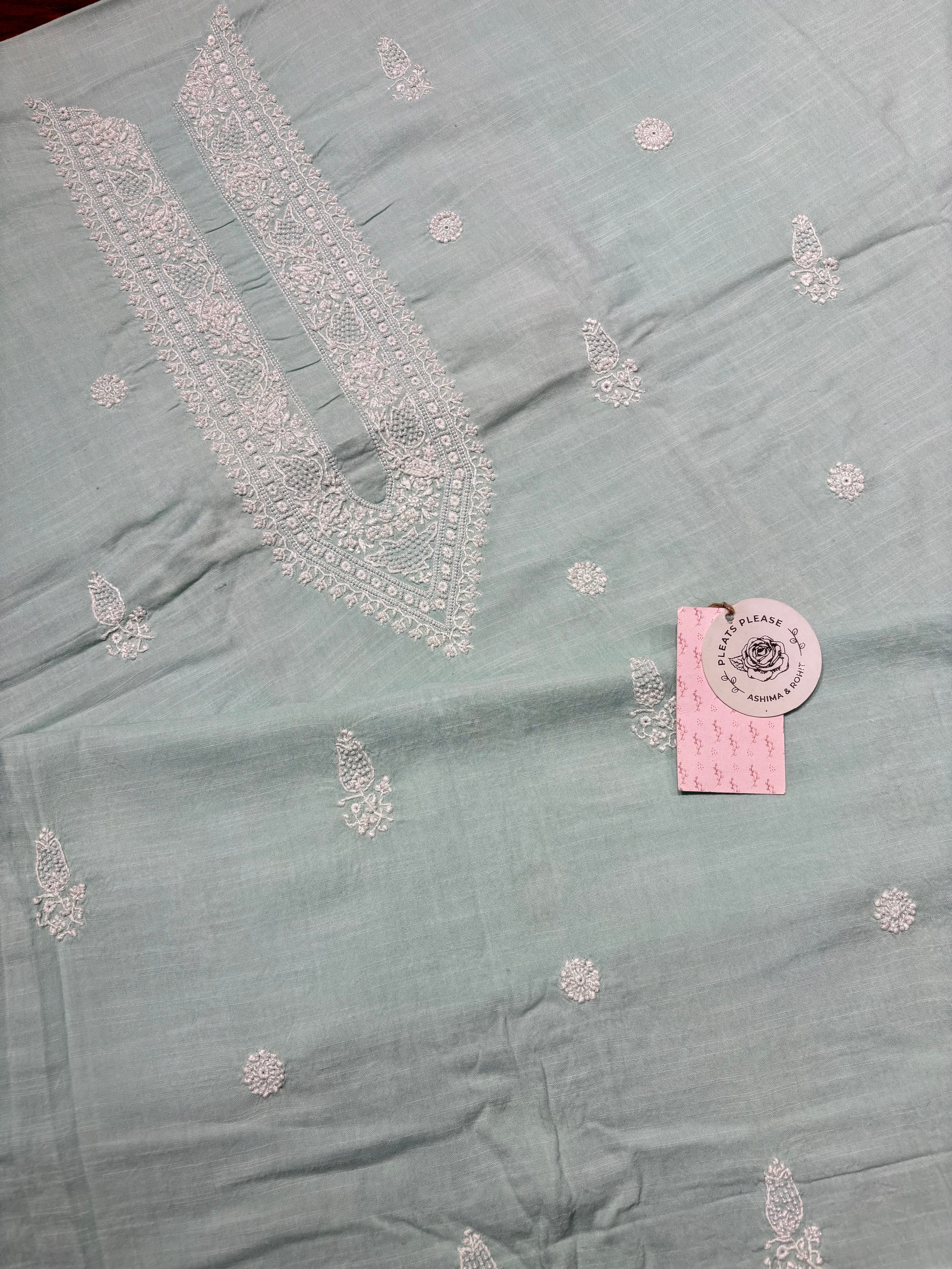 Cadet Blue Linen Chikankari Men's Kurta Fabric