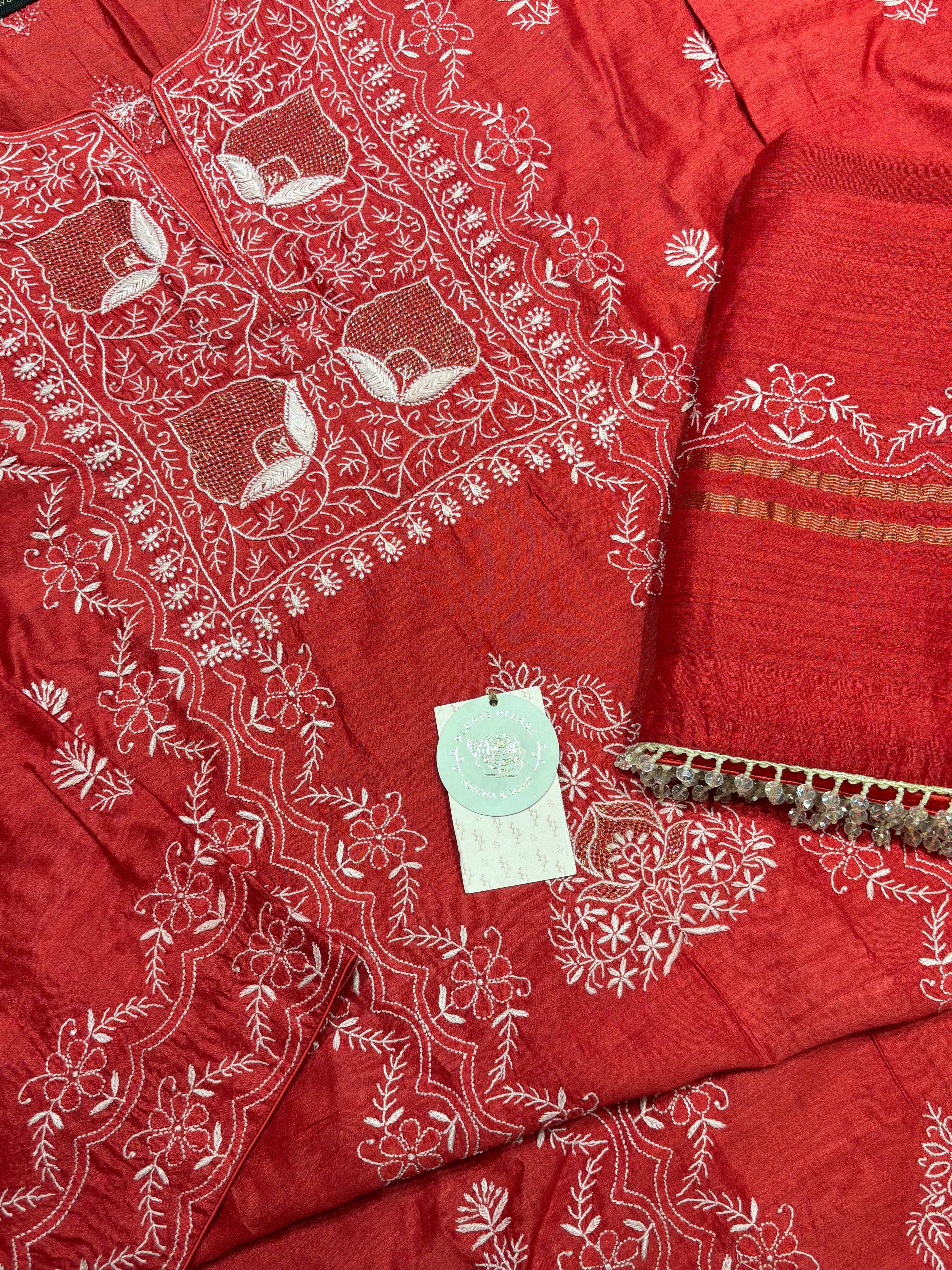 Crimson Red Monga Silk Chikankari Kurta And Dupatta Fabric