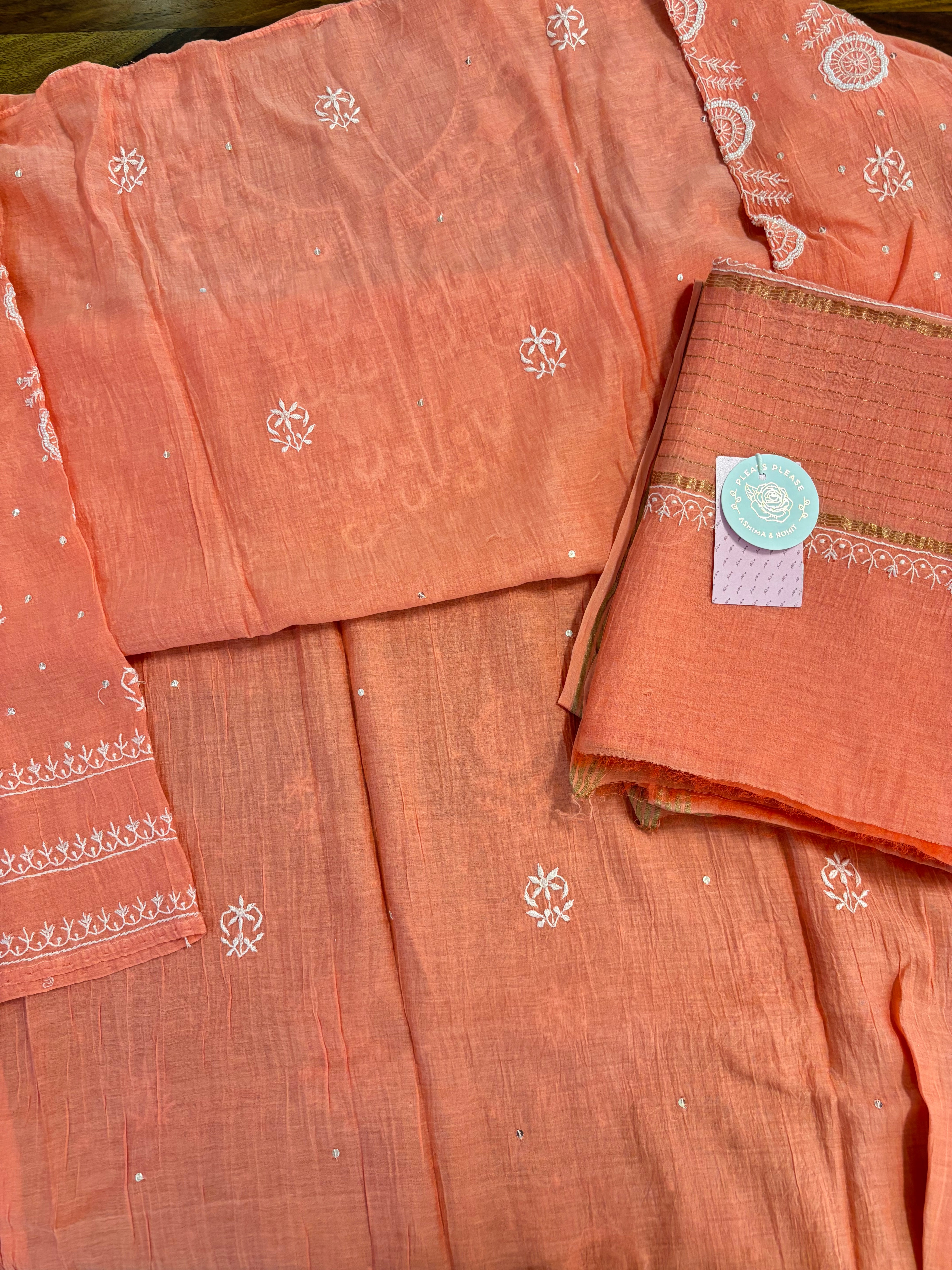 Coral Peach Chanderi Chikankari Kurta & Dupatta