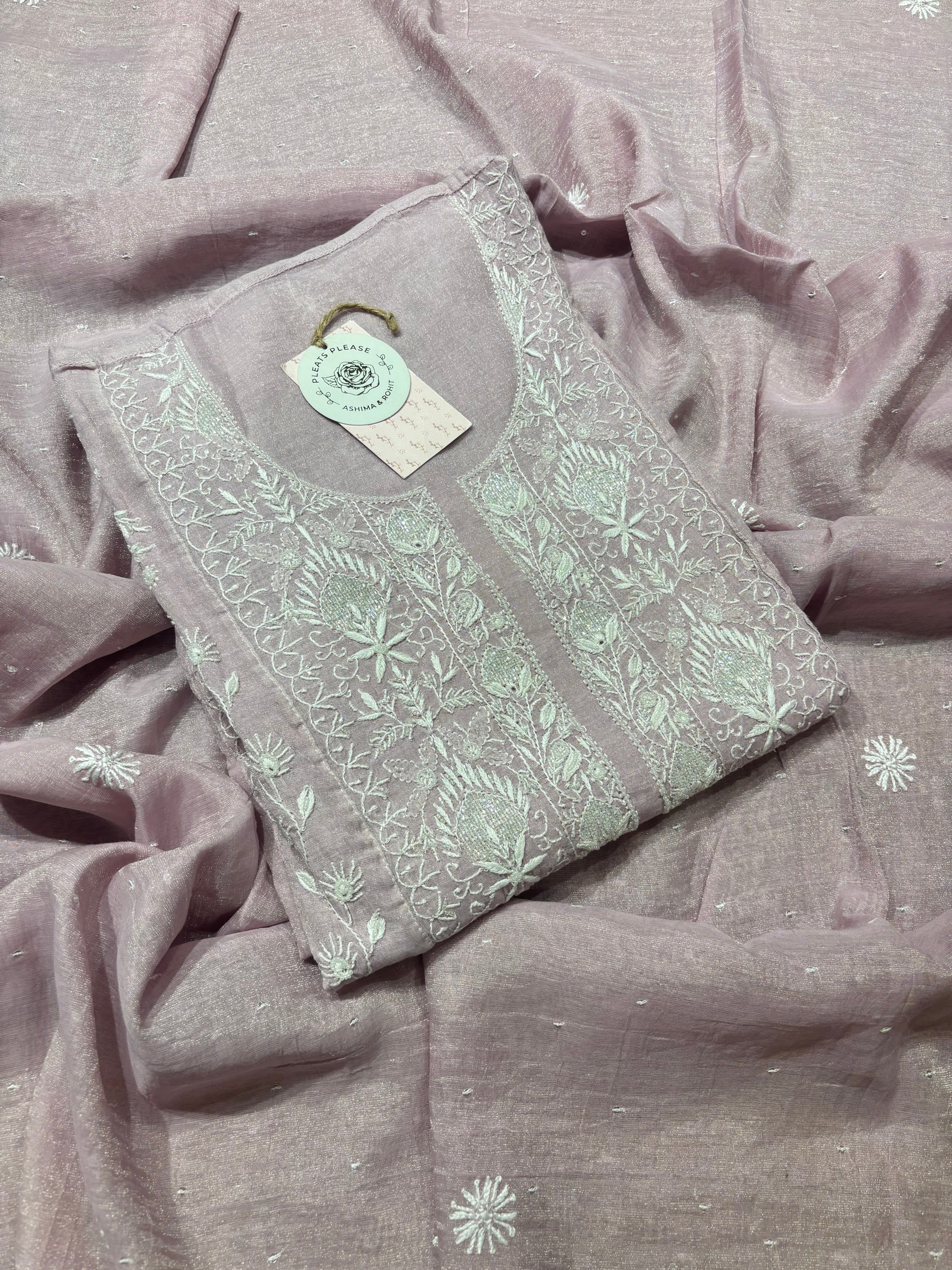 Lilac Tissue Chikankari Kalidar kurta and Dupatta set