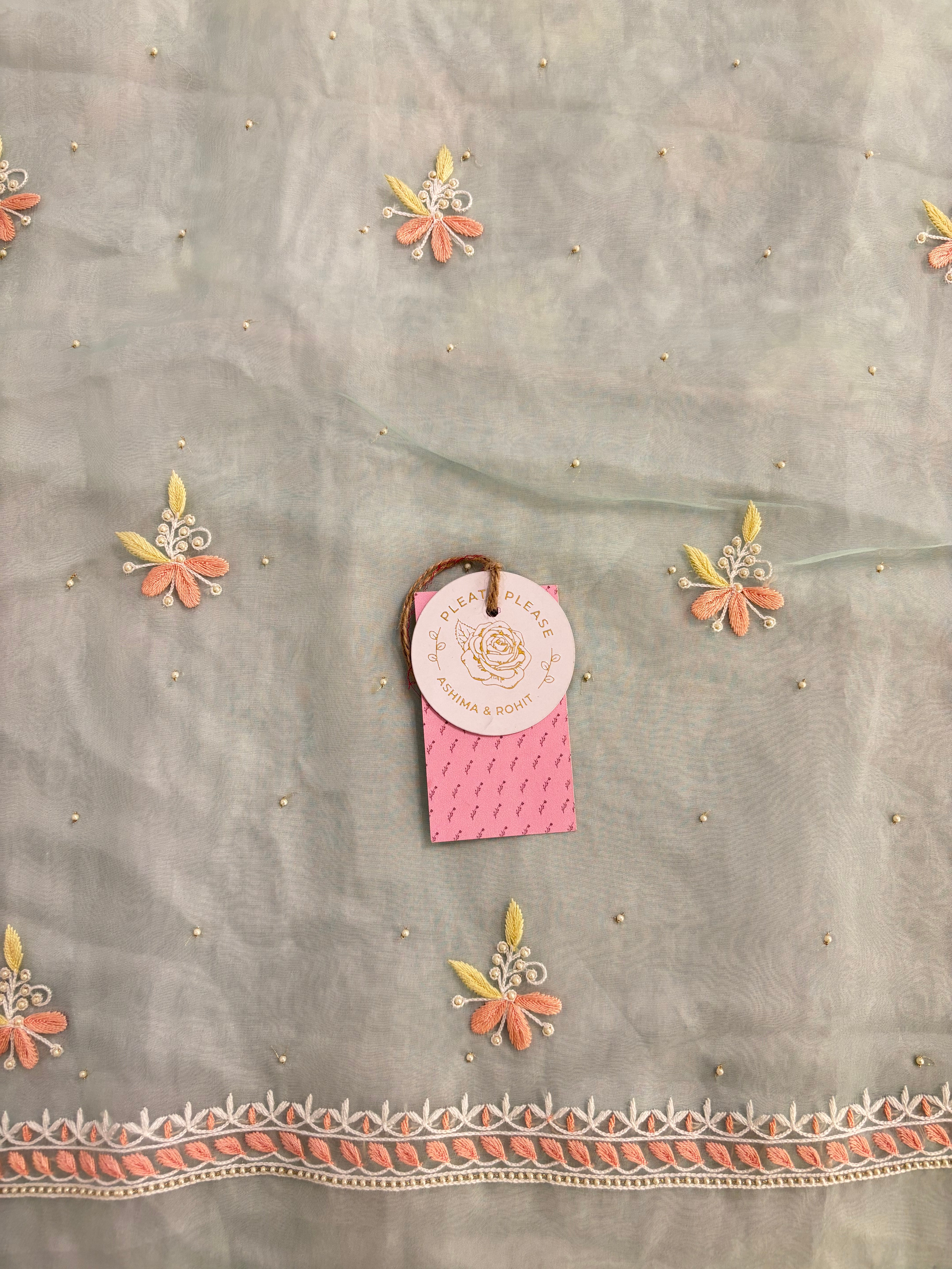 Sage Green Organza Mirror Chikankari Kurta & Dupatta