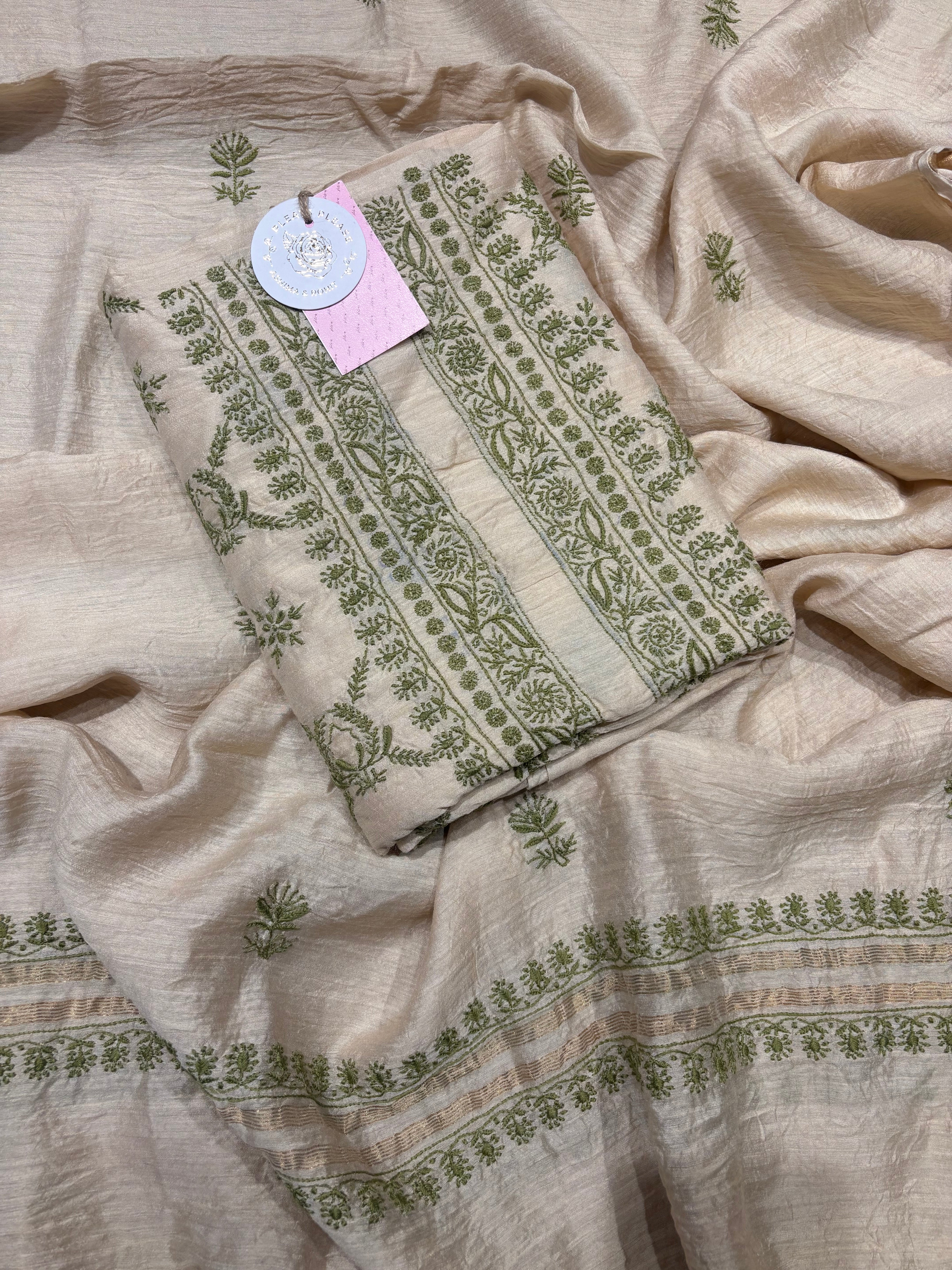 Dyeable Monga Silk Chikankari Kurta and Dupatta Fabric