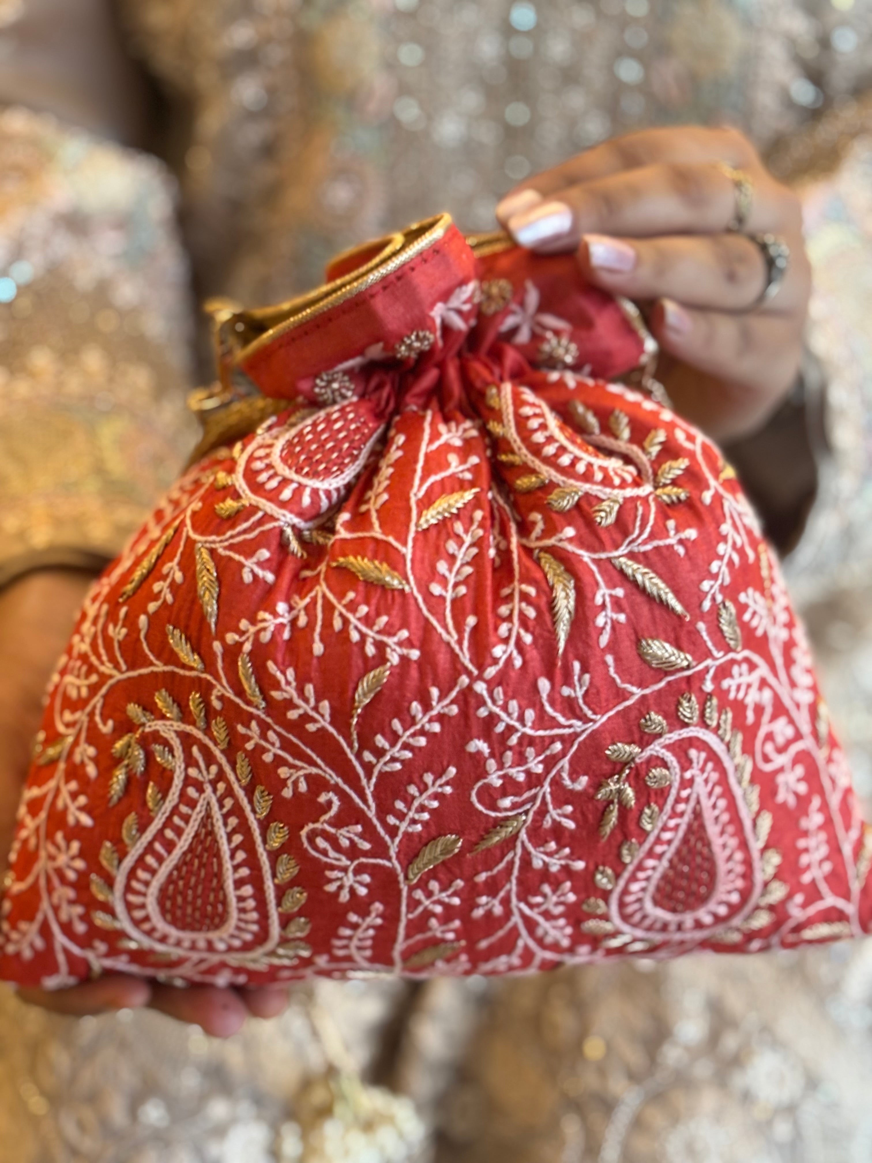 Red  Silk Chikankari Potli