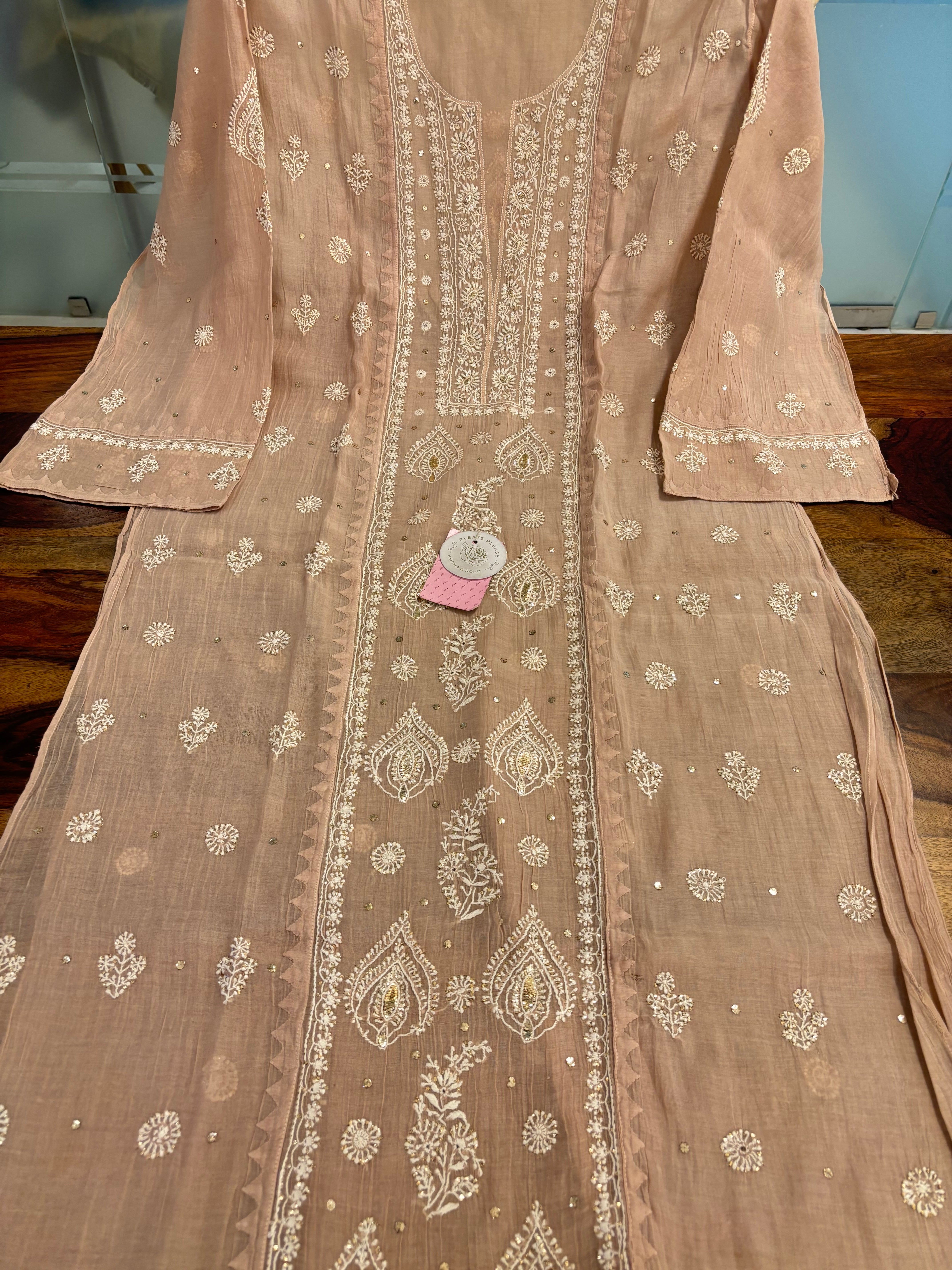Rosewood Taupe Chanderi Mukaish Chikankari Kurta & Dupatta - Pleats PleaseChikankari