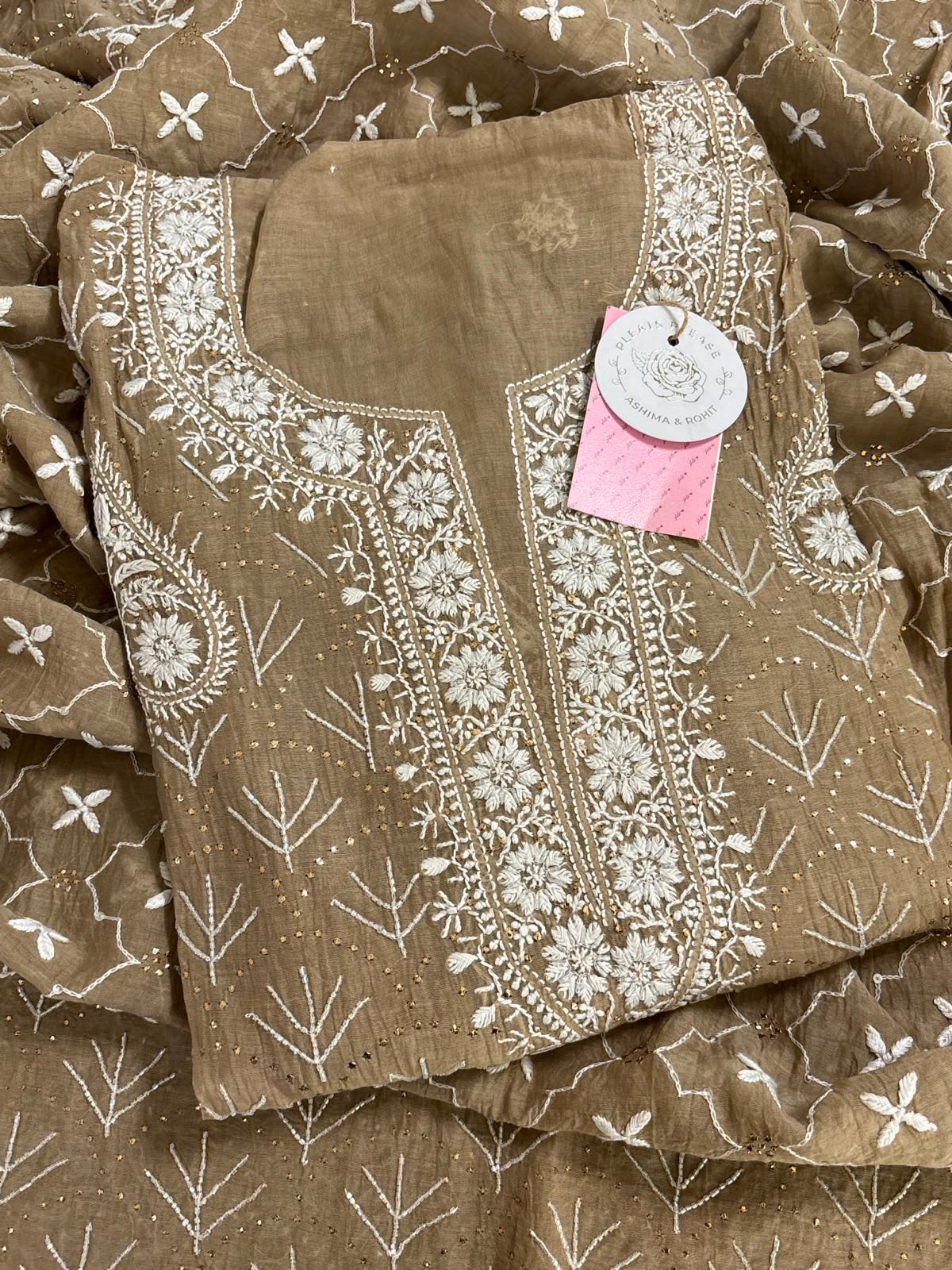 Camel Brown Chanderi Chikankari Mukaish Kurta & Dupatta