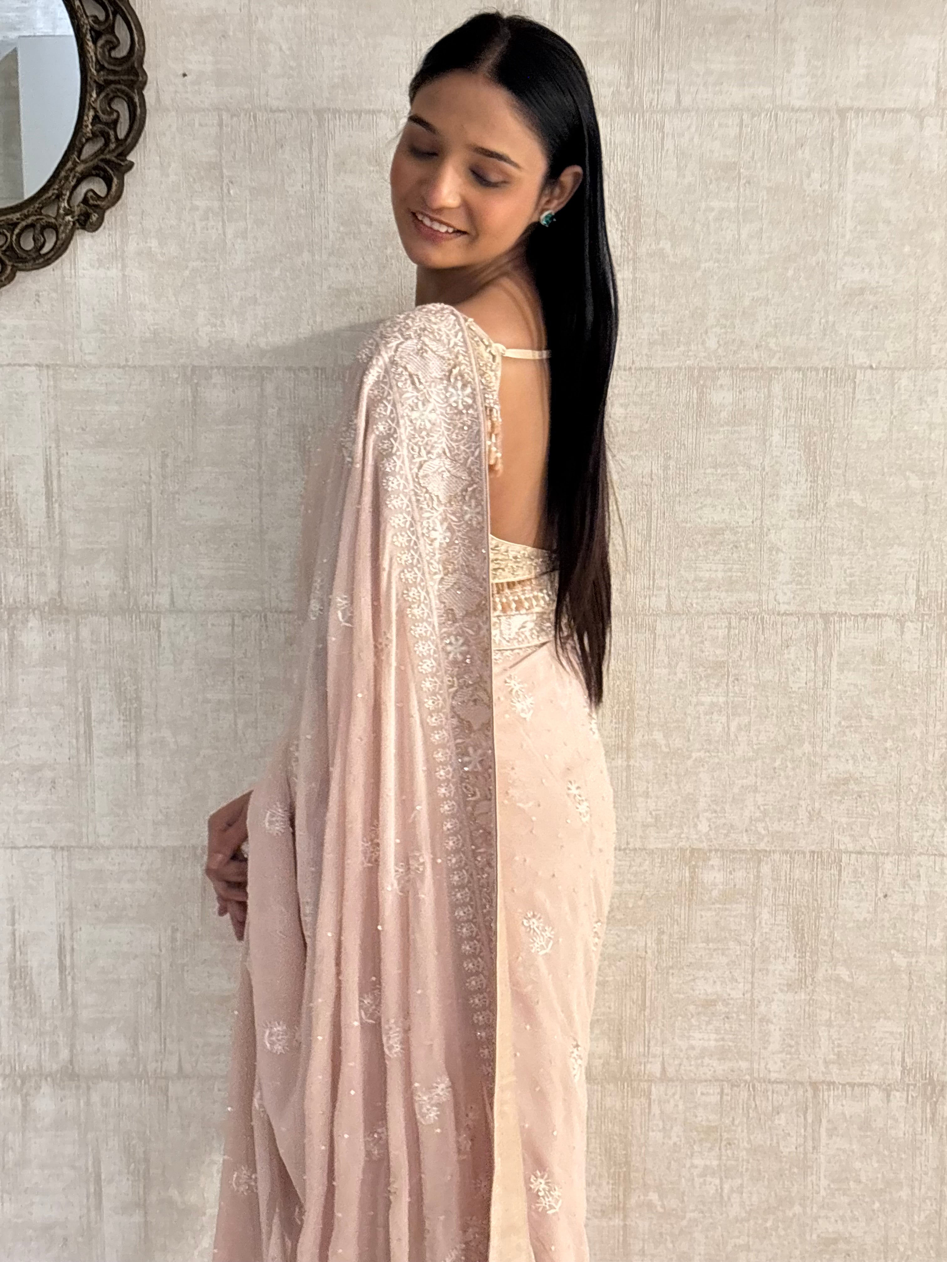 Peach Pure & Premium Georgette Chikankari Saree & Blouse