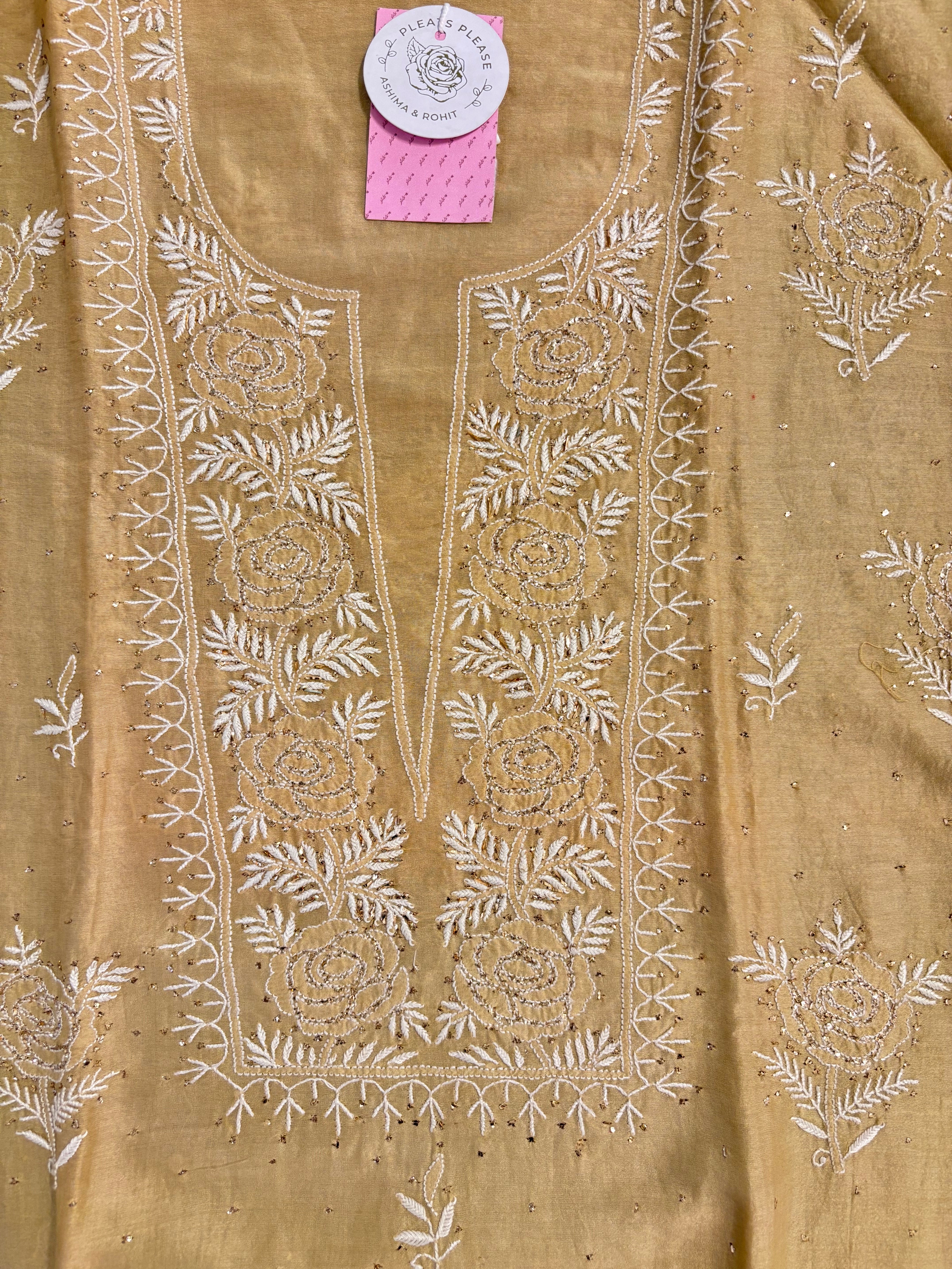 Honey Gold Chanderi Mukaish Chikankari Kurta & Dupatta