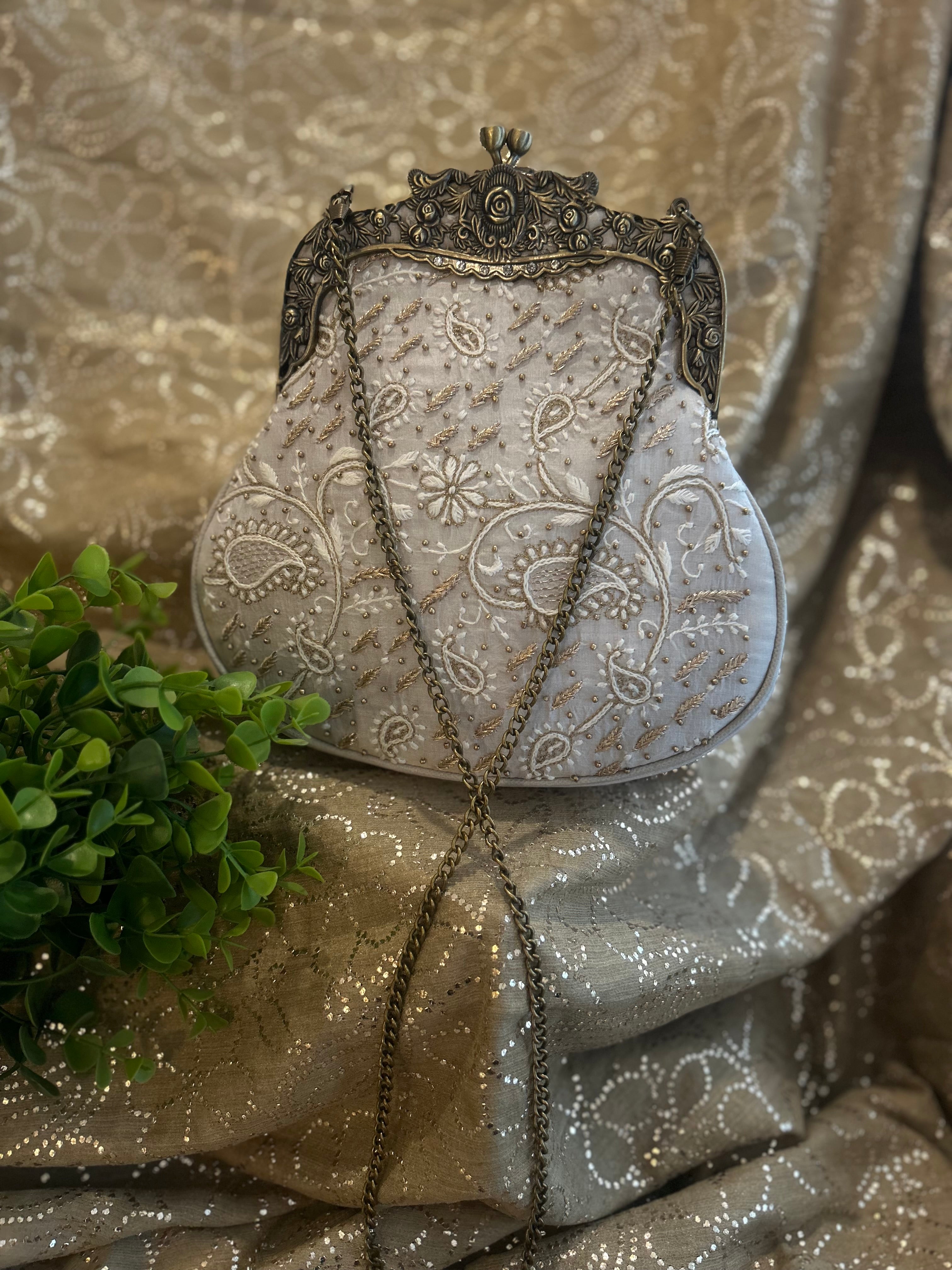 Bottle Grey Chikankari Clutch Bag