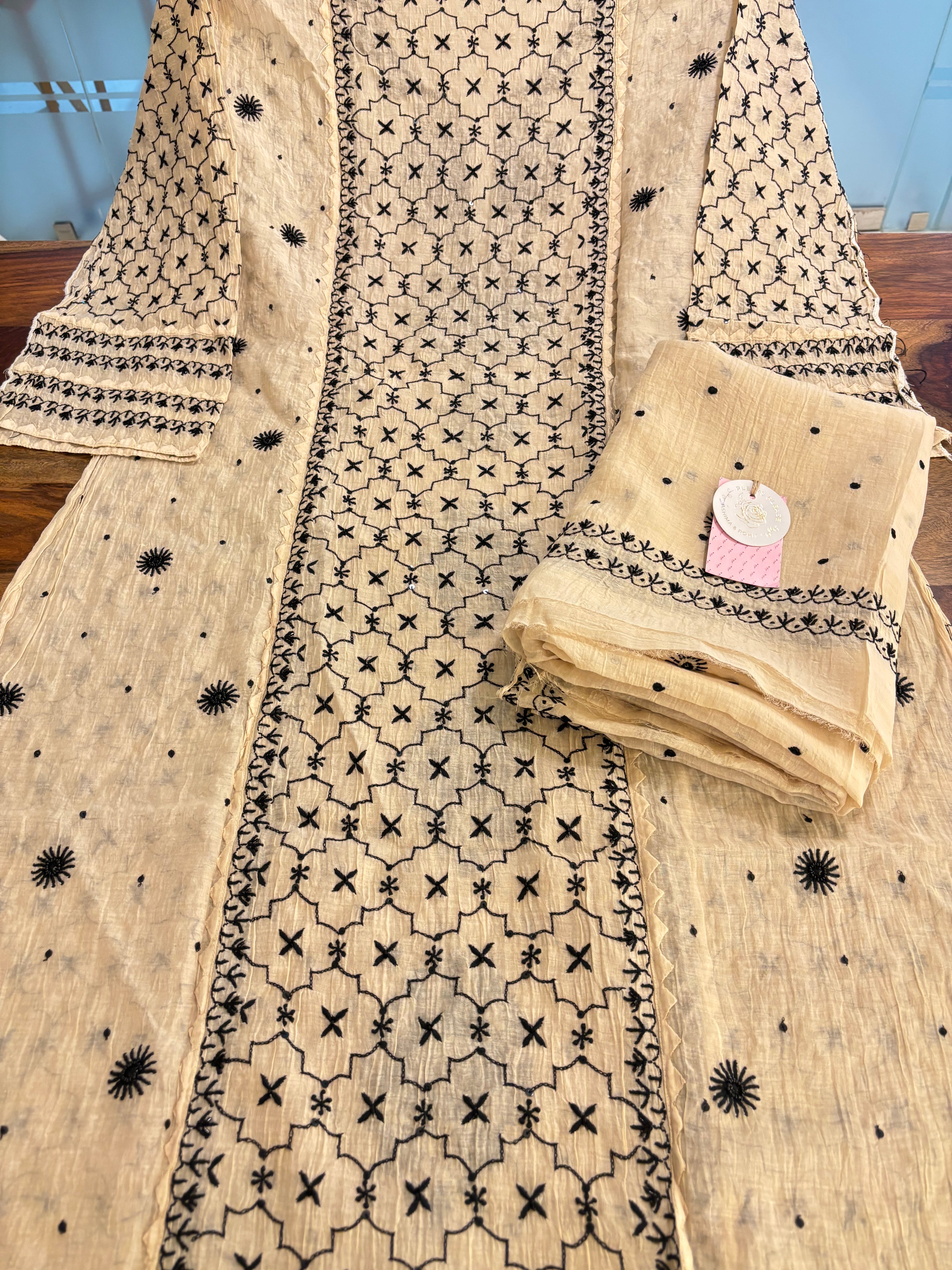 Ivory Cream Chanderi Chikankari Kurta & Dupatta
