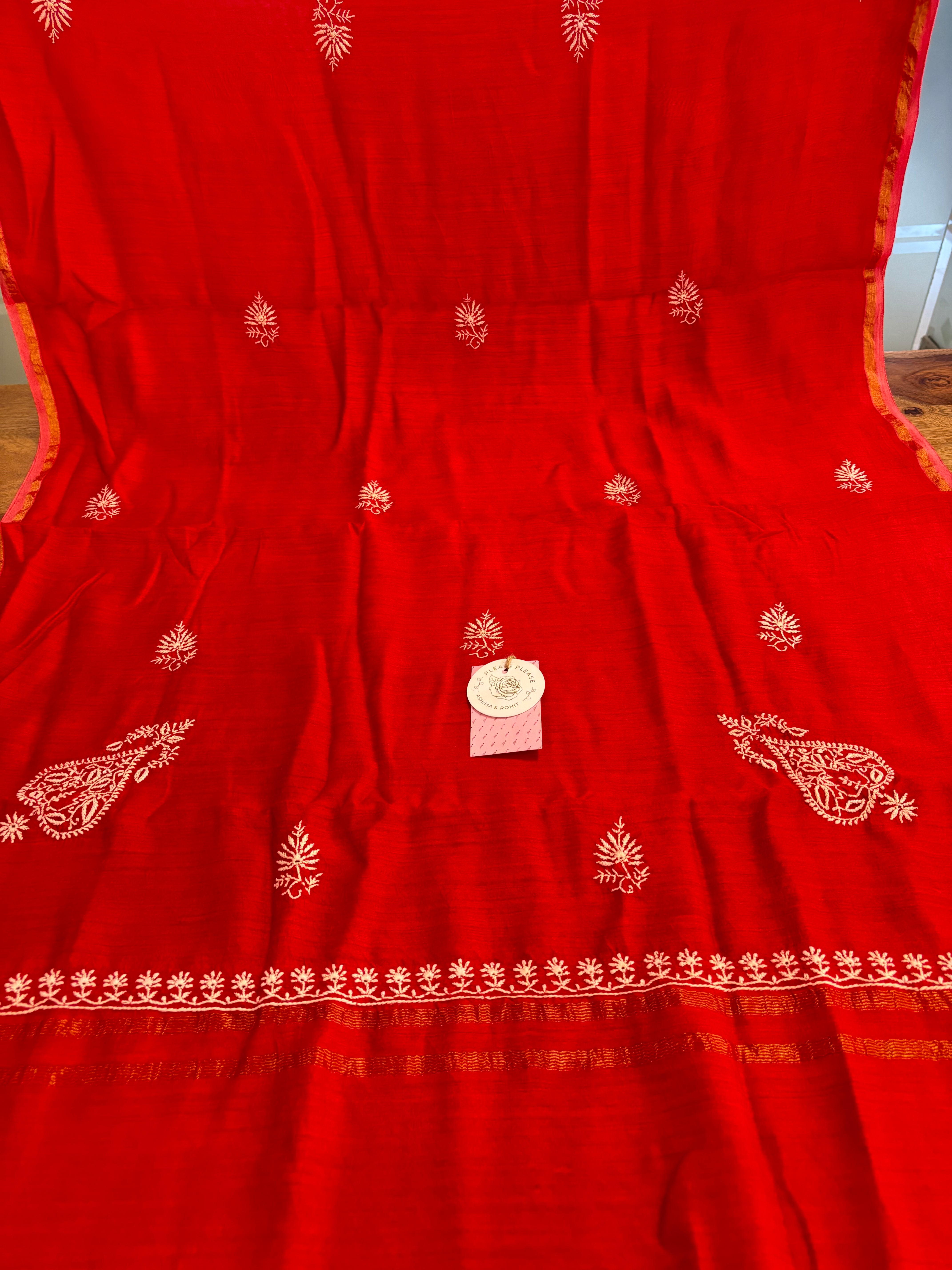 Red Monga Silk Chikankari Kurta & Dupatta