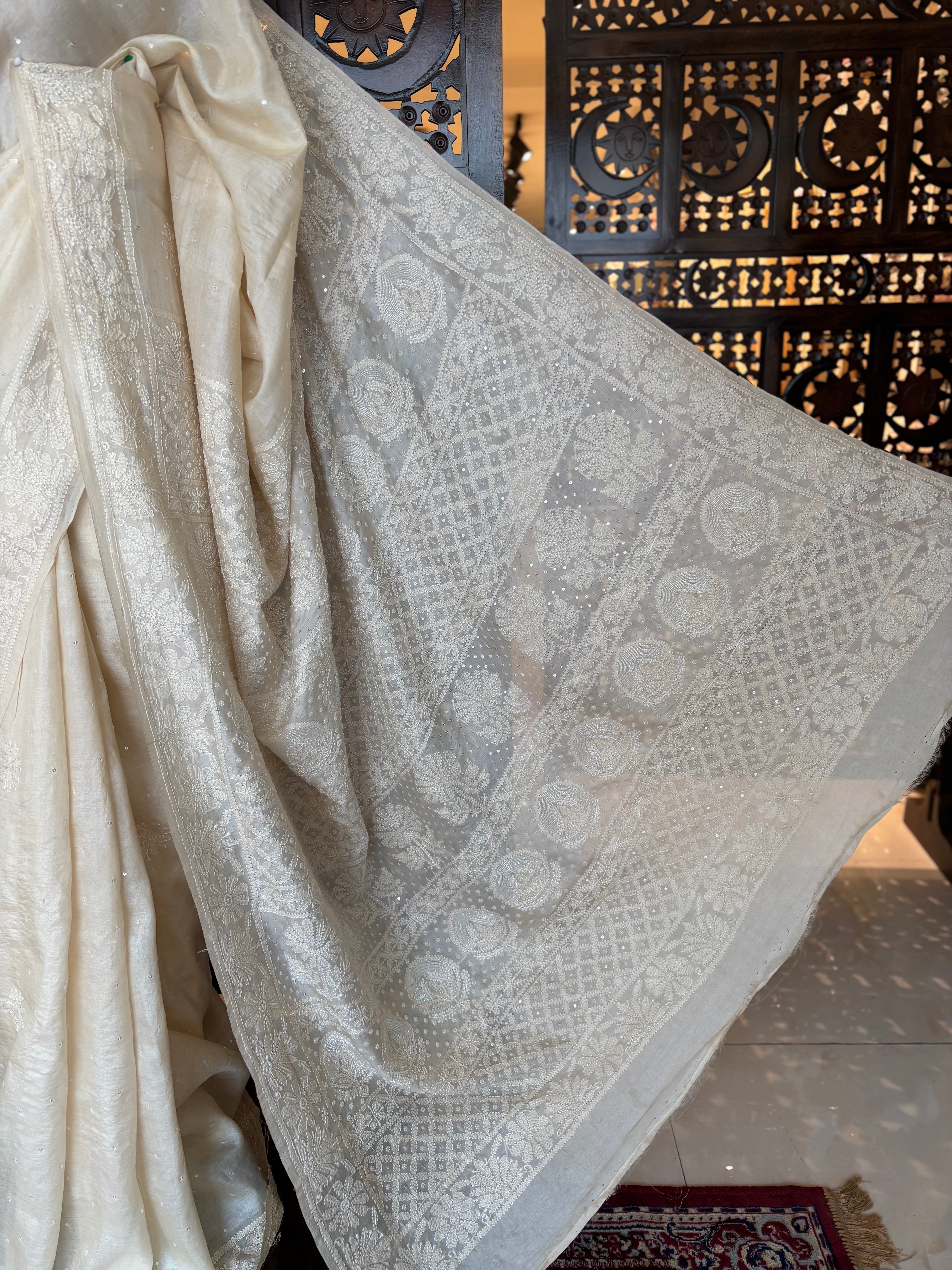 Dyeable Pure & Premium White Tussar Silk Chikankari Saree & Blouse
