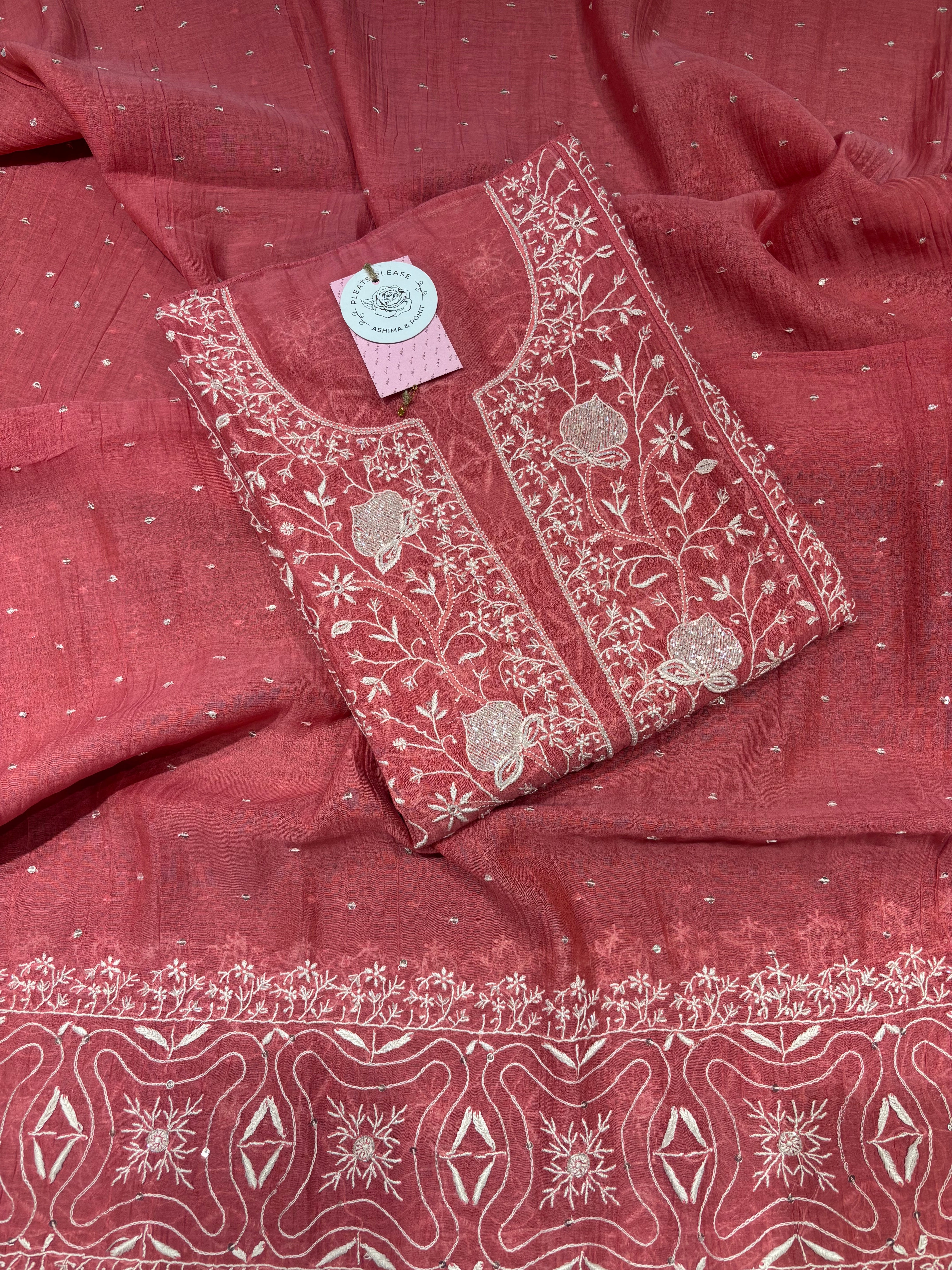 Coral Pink Chanderi Mul Chikankari Kurta & Dupatta Set
