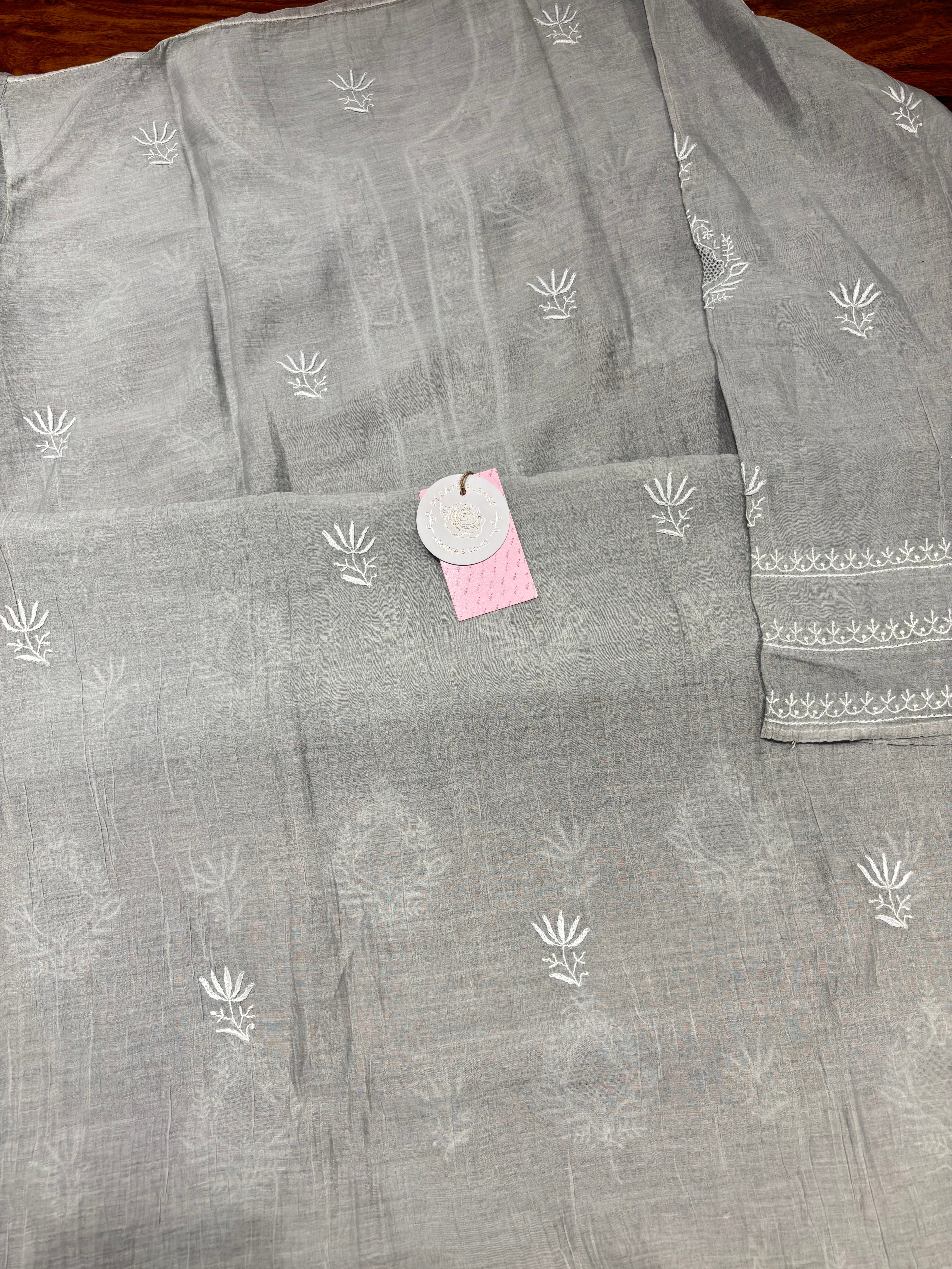 Gray Chanderi Mul Chikankari Kurta & Dupatta Set