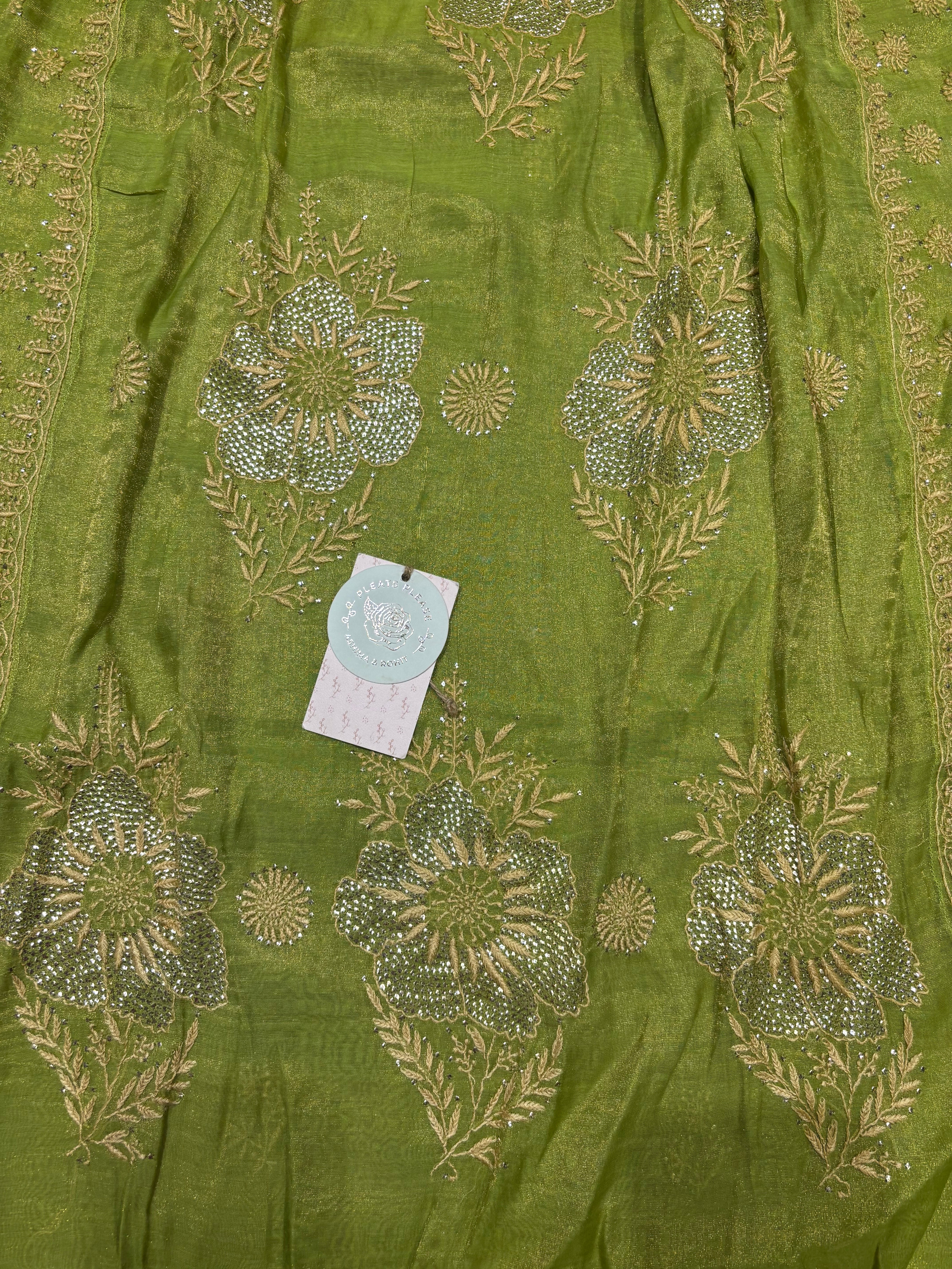 Green Pure and Premium Tissue Chikankari & Mukaish Angrakha Kurta and Dupatta Set