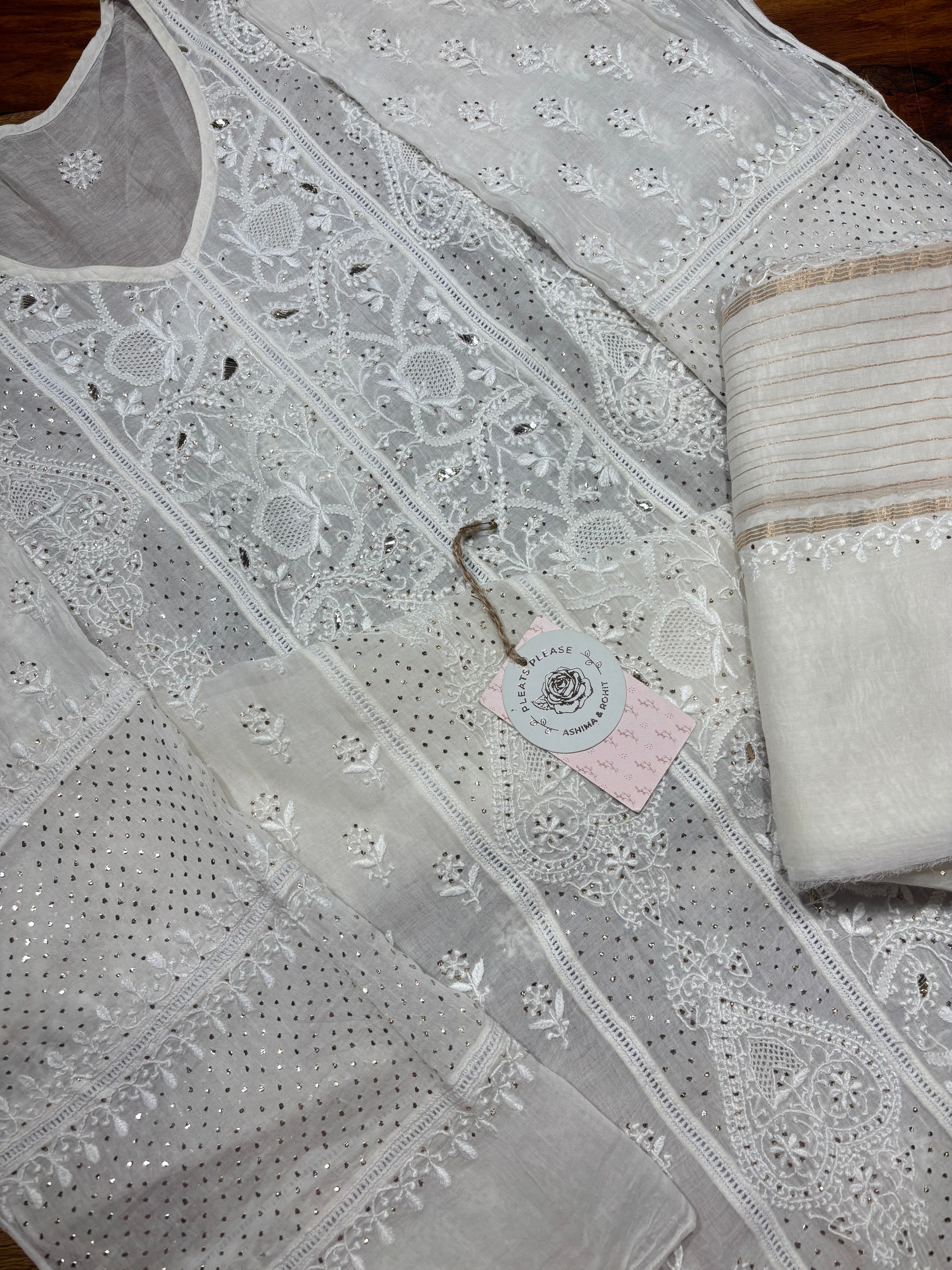 Dyeable Chanderi Mul Chikankari & Mukaish Kurta & Dupatta Set