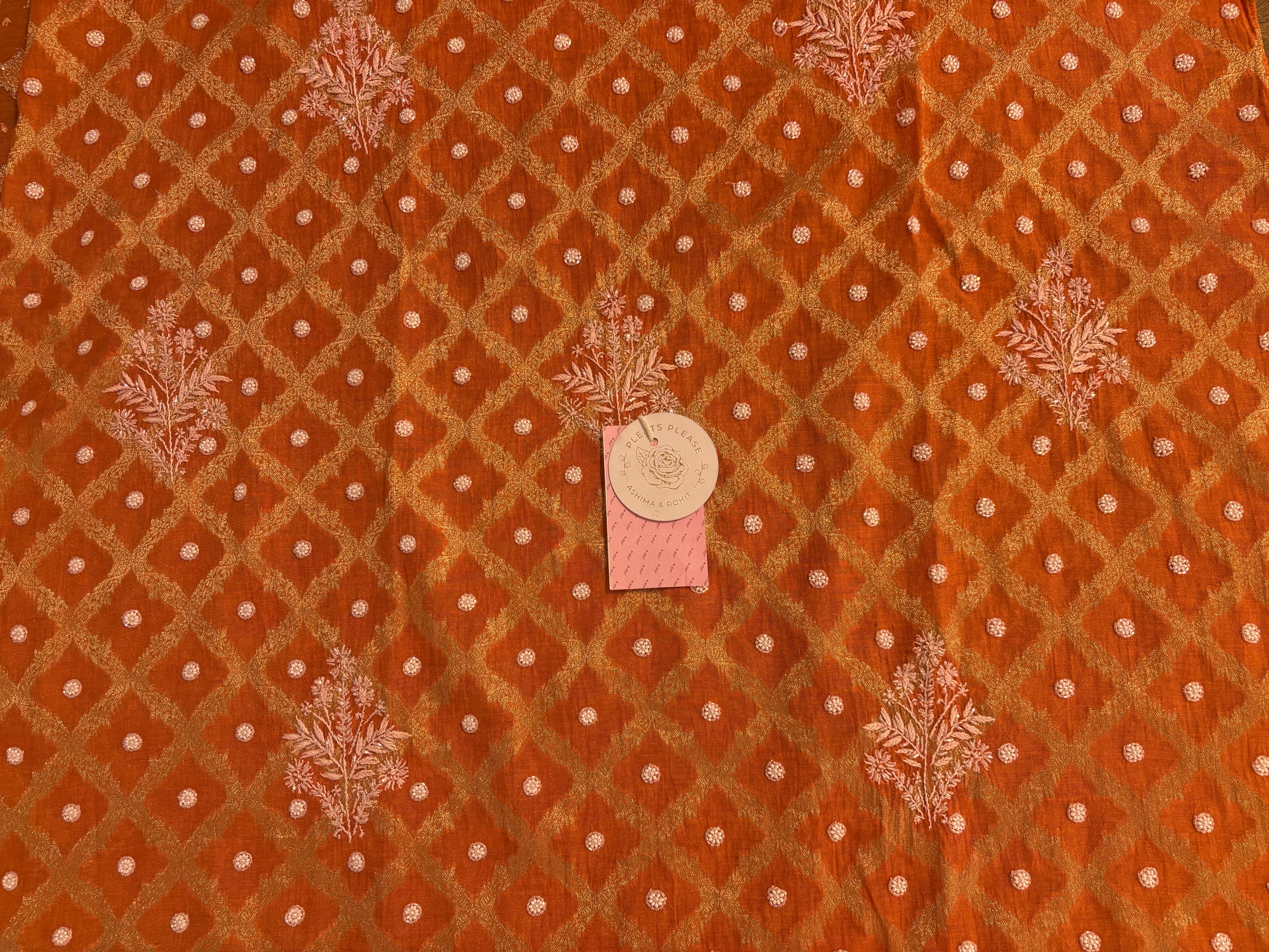 Burnt Orange Pure Tissue Chanderi Banarasi Silk Chikankari Kurta & Dupatta - Pleats PleaseChikankari