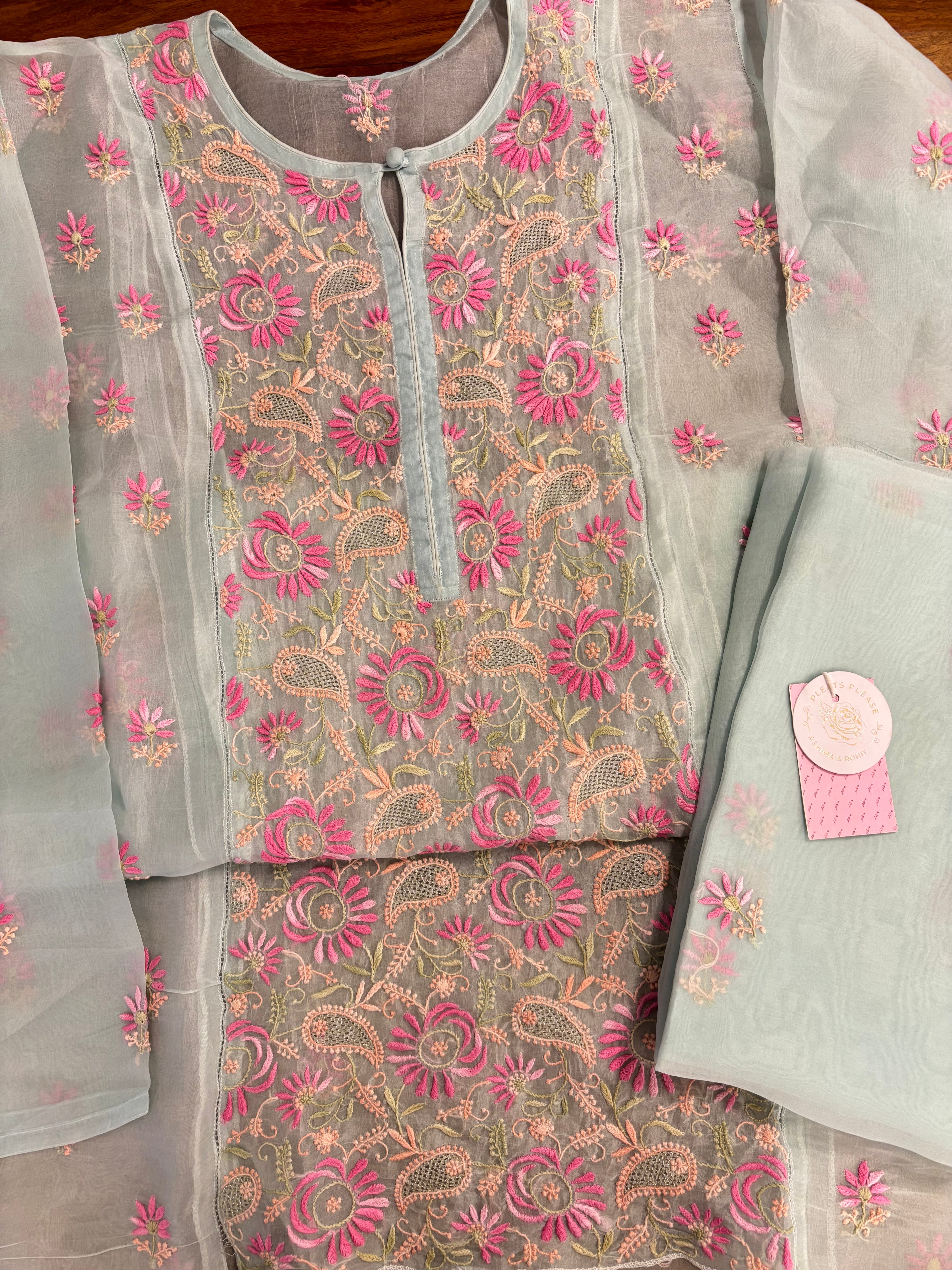 Sea Foam Green Organza Chikankari Kurta & Dupatta - Pleats PleaseChikankari