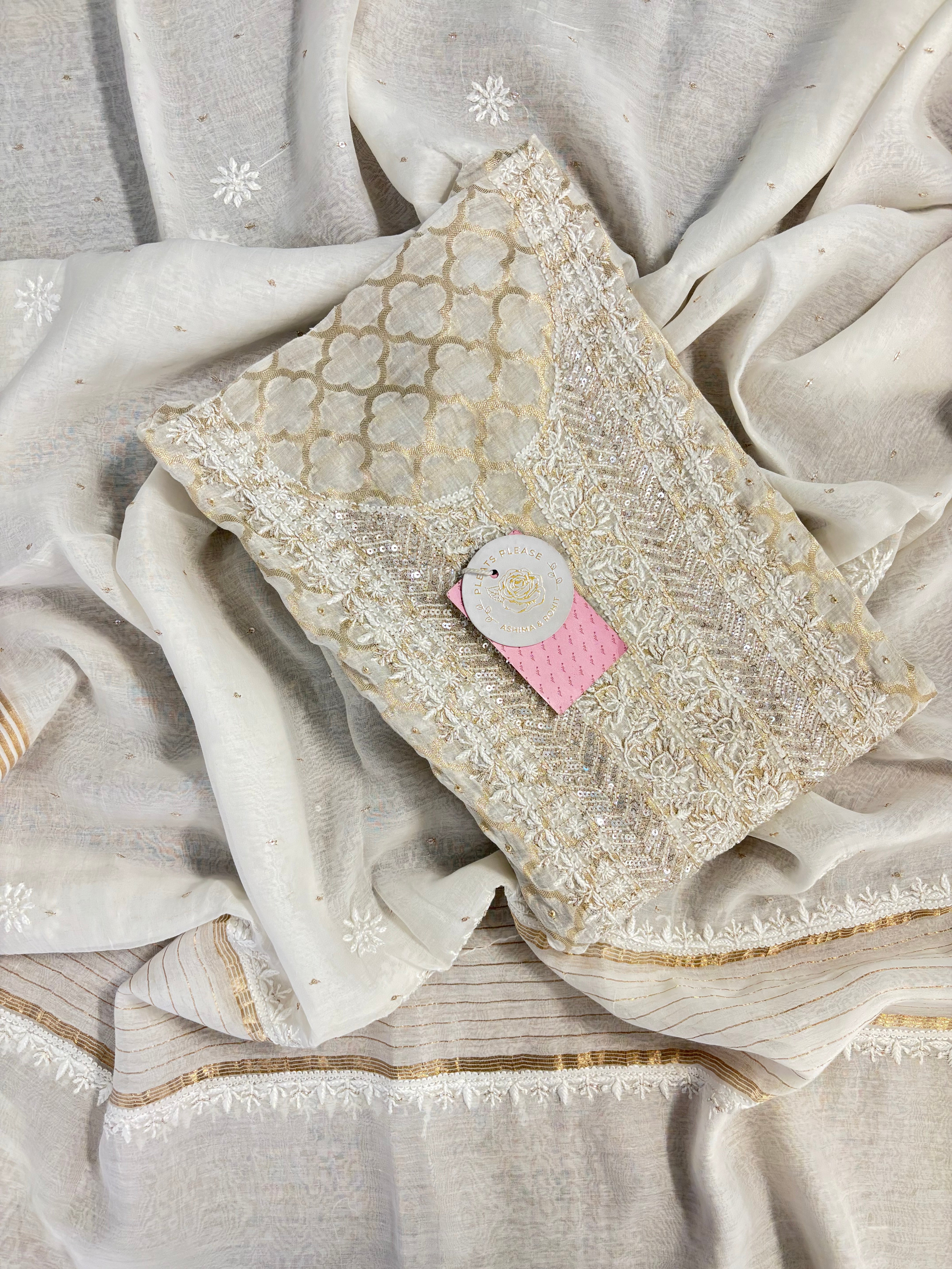 Dyeable Pure Chanderi Mul Chikankari Kurta & Dupatta