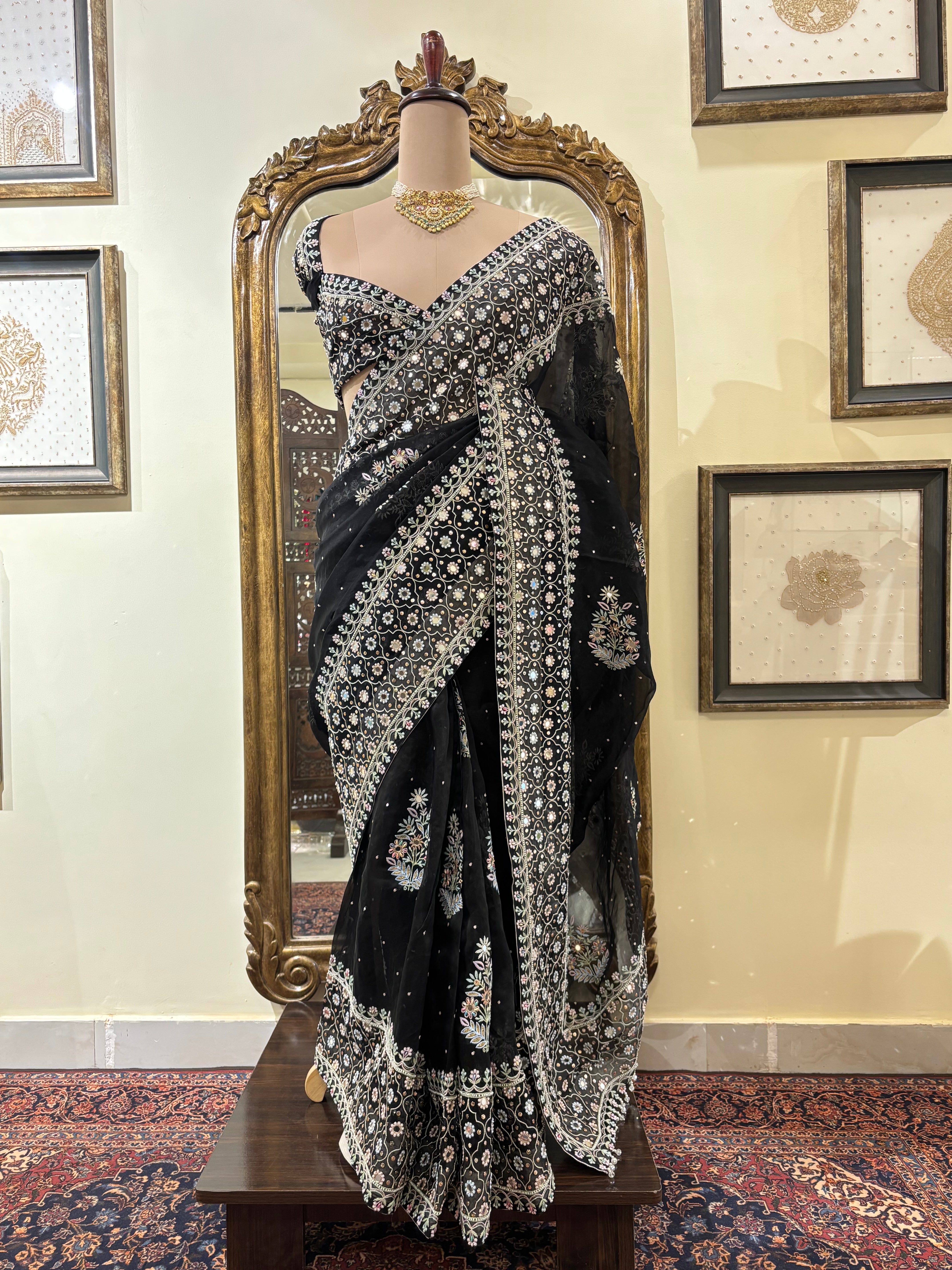 Black Multicoloured Pure Organza Chikankari Mirror Saree