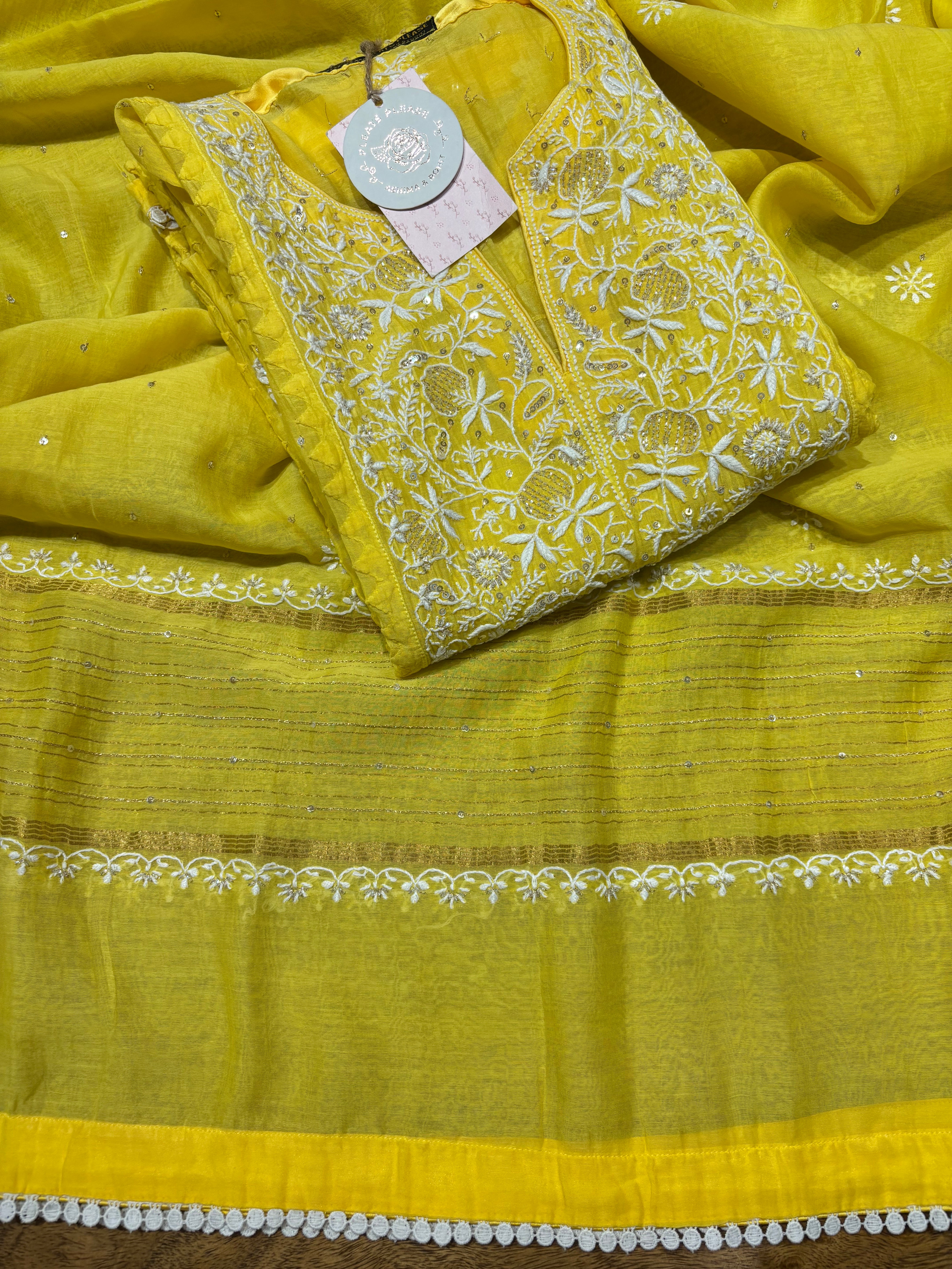 Yellow Chanderi Mul Chikankari Kurta and Dupatta set
