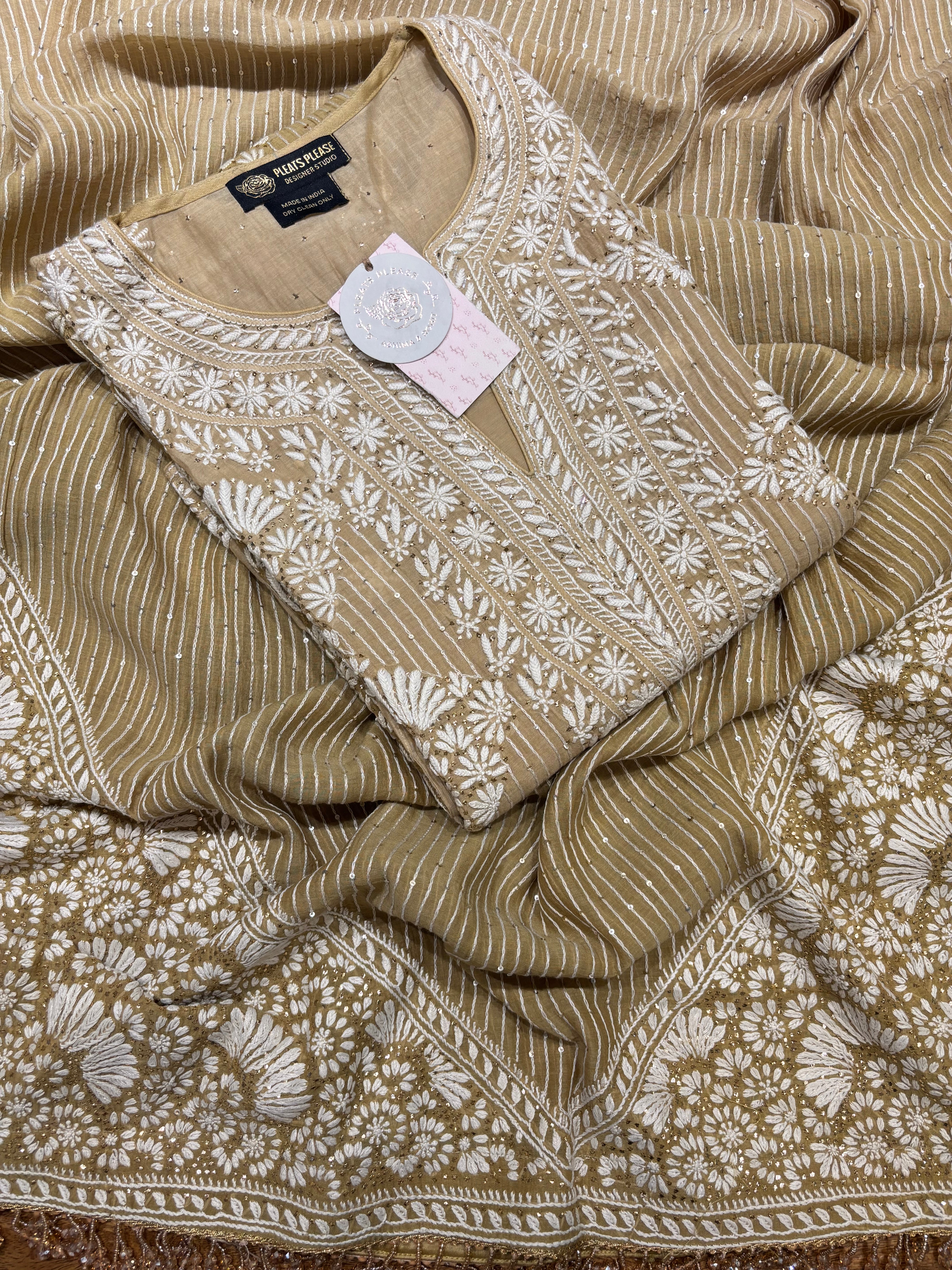 Olive Green Ombré Chanderi Mul Chikankari & Mukaish Kurta and Heavy Dupatta Set