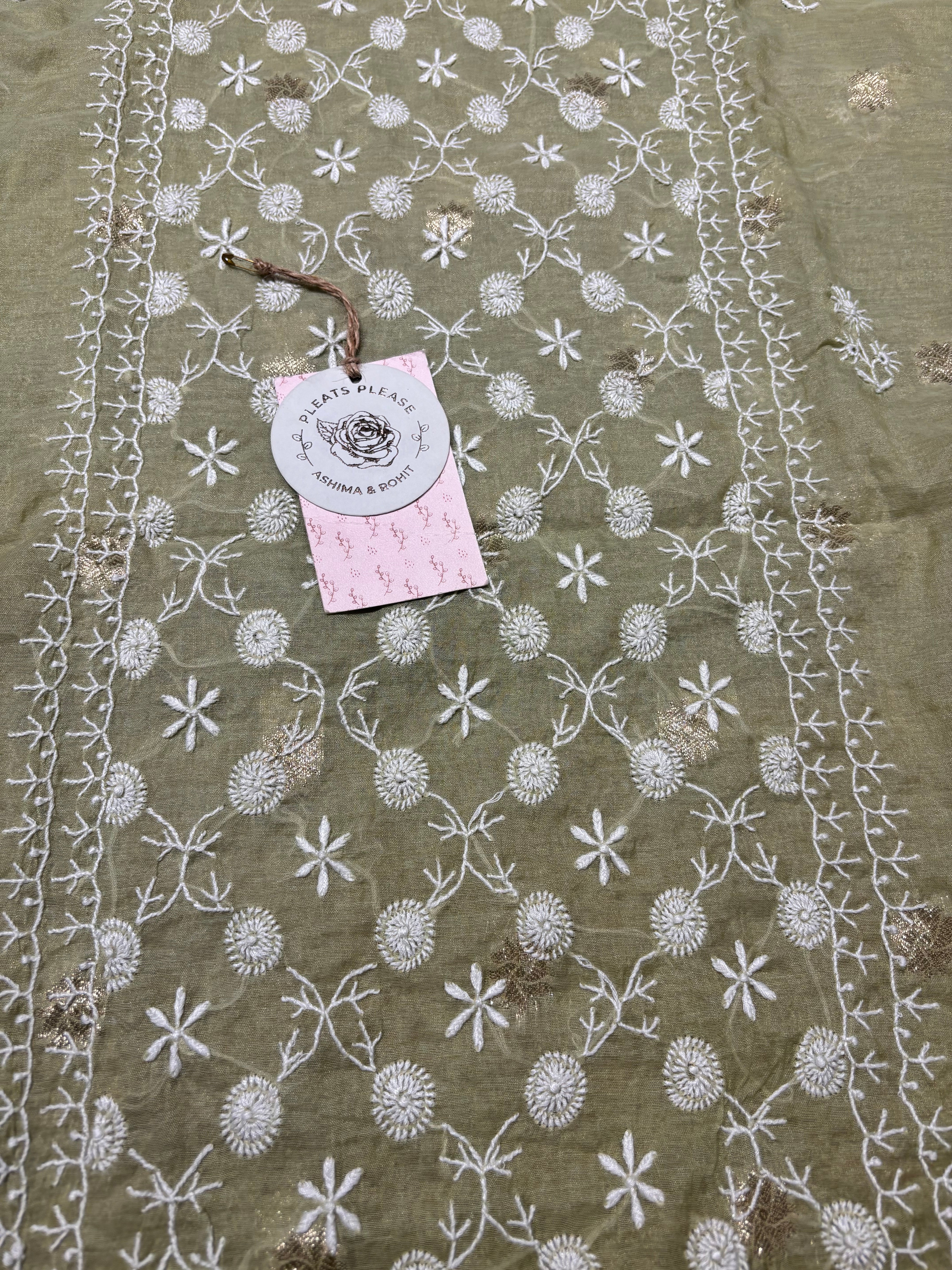 Green Chanderi silk Chikankari Kurta and Dupatta Fabric