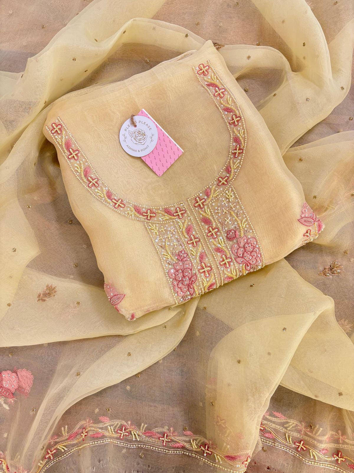 Butter Yellow Pure Organza Chikankari Kurta & Dupatta - Pleats PleaseChikankari