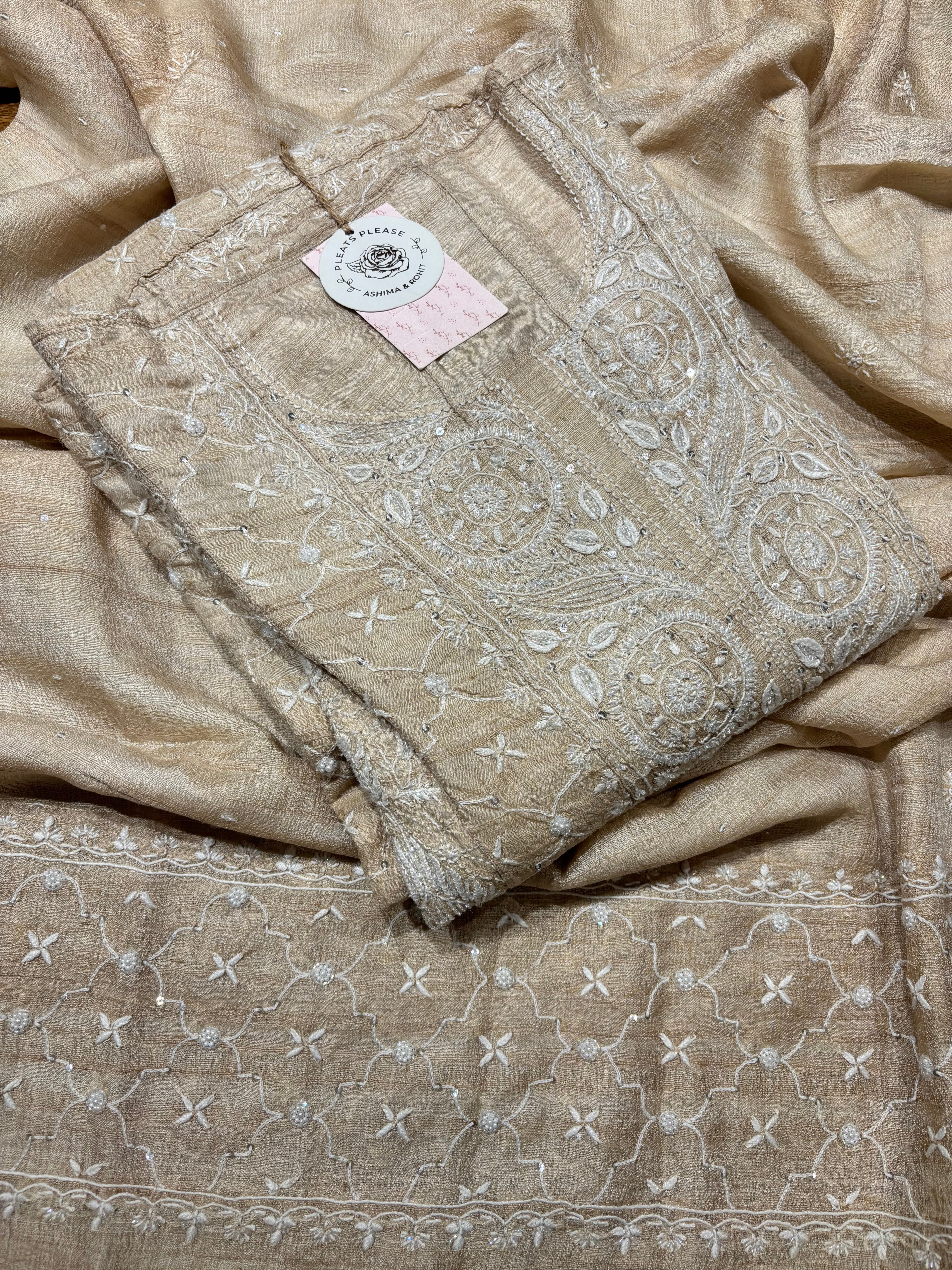 Dyeable Pure Tussar Silk Chikankari Anarkali & Dupatta Set