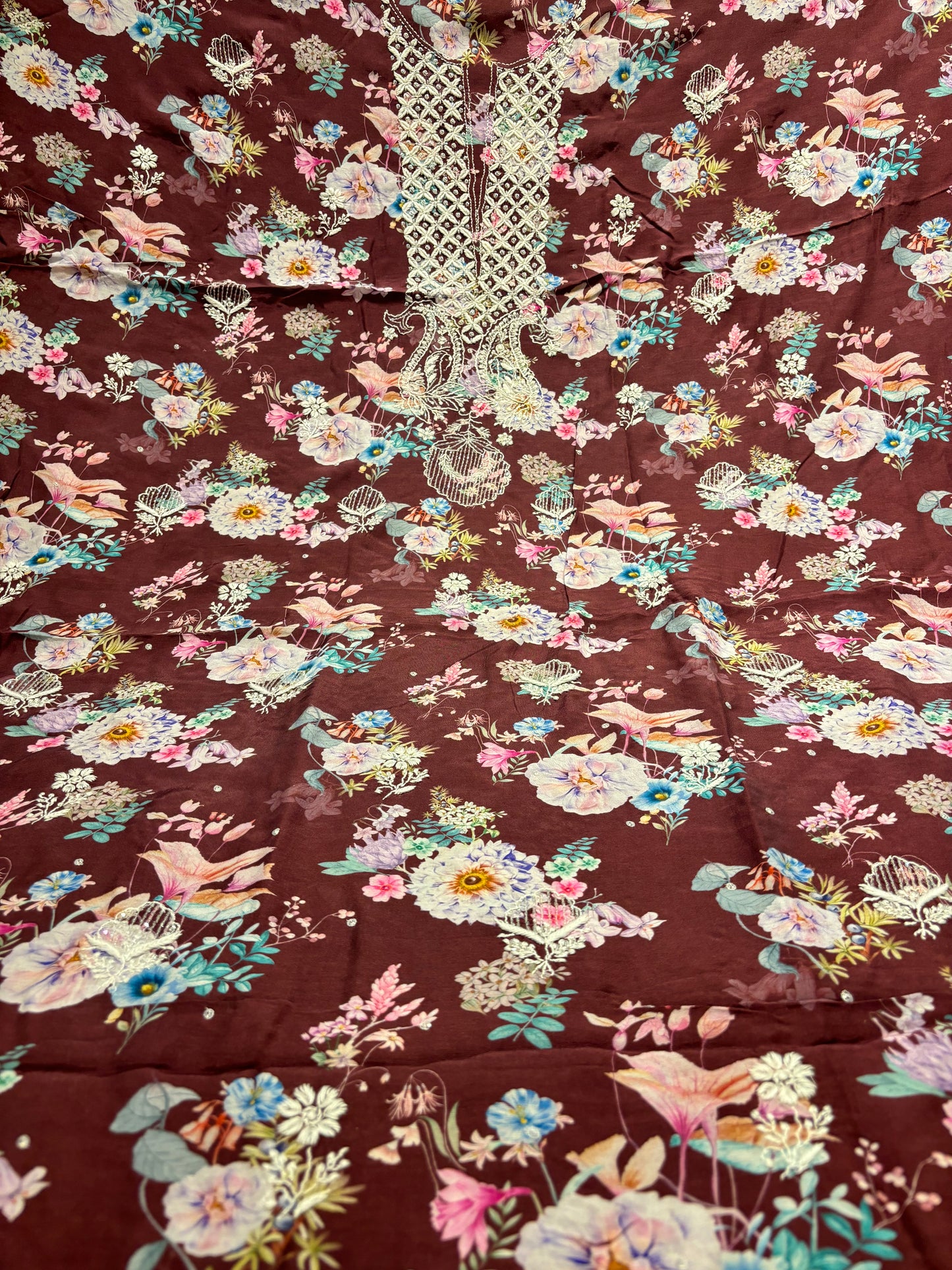 Marsala Plum Printed Muslin Chikankari Kurta fabric