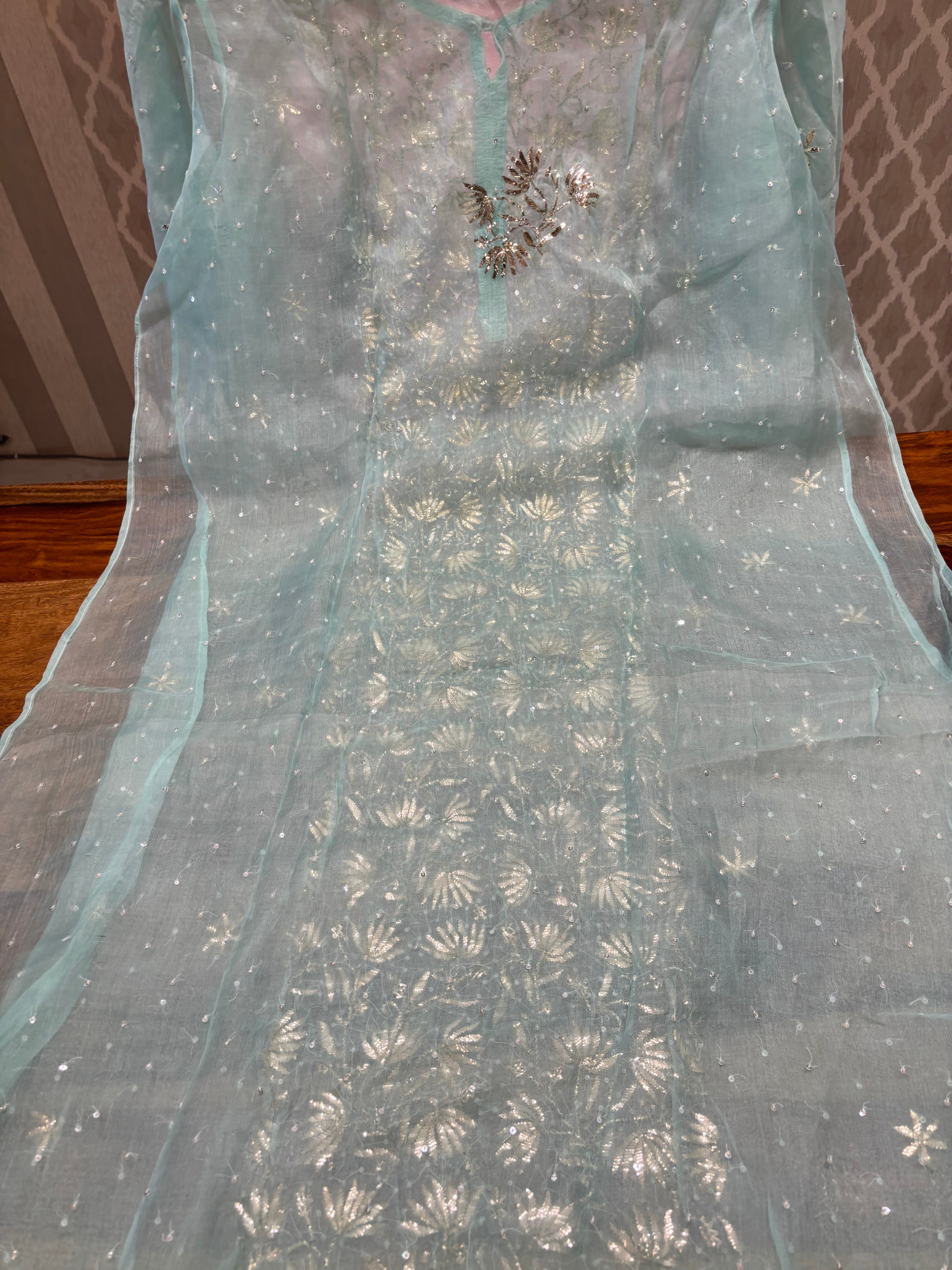Sea Foam Organza Mukaish Kurta and Dupatta set
