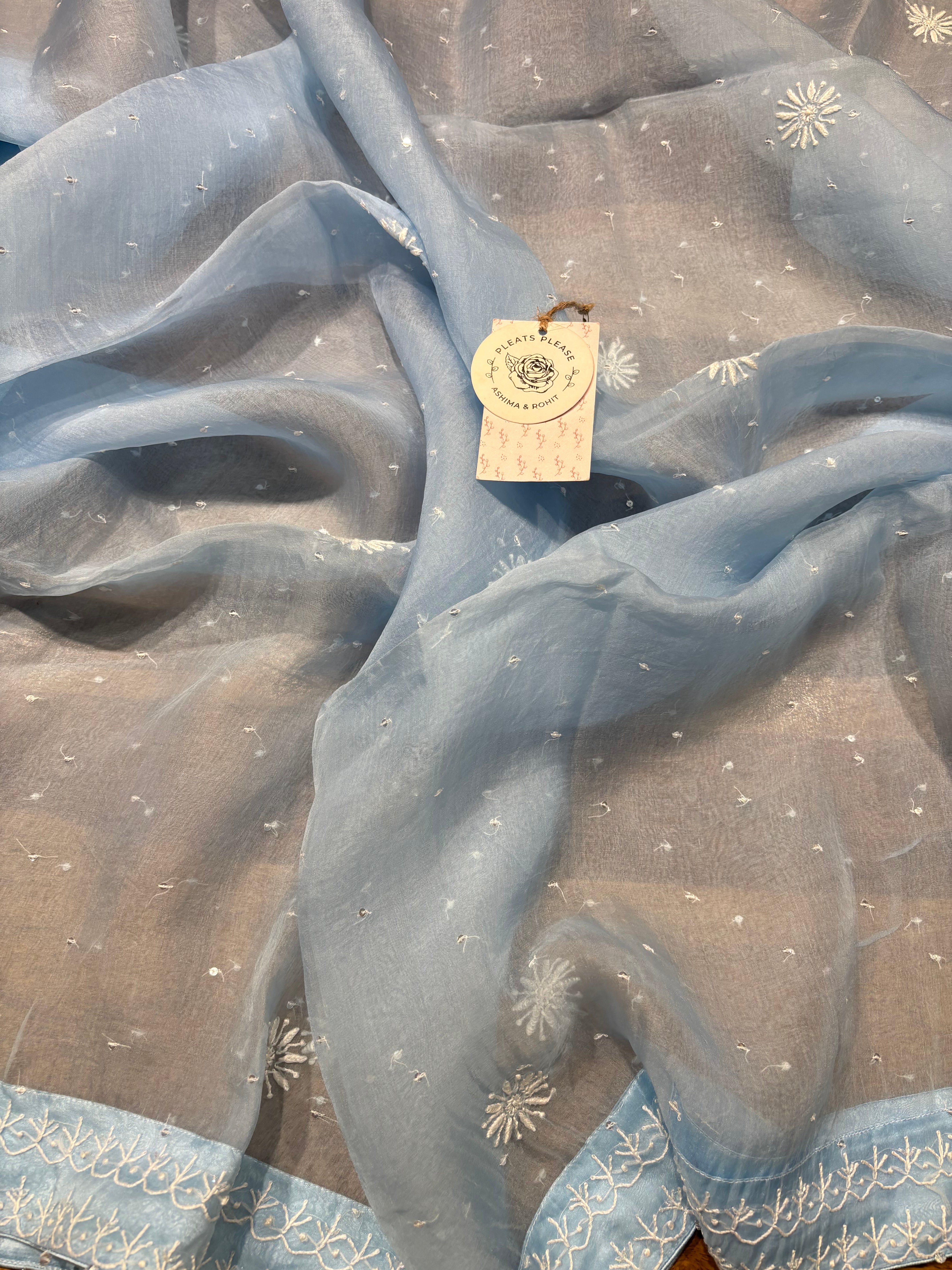 Blue Pure And Premium Organza Silk Chikankari Kurta And Dupatta Set