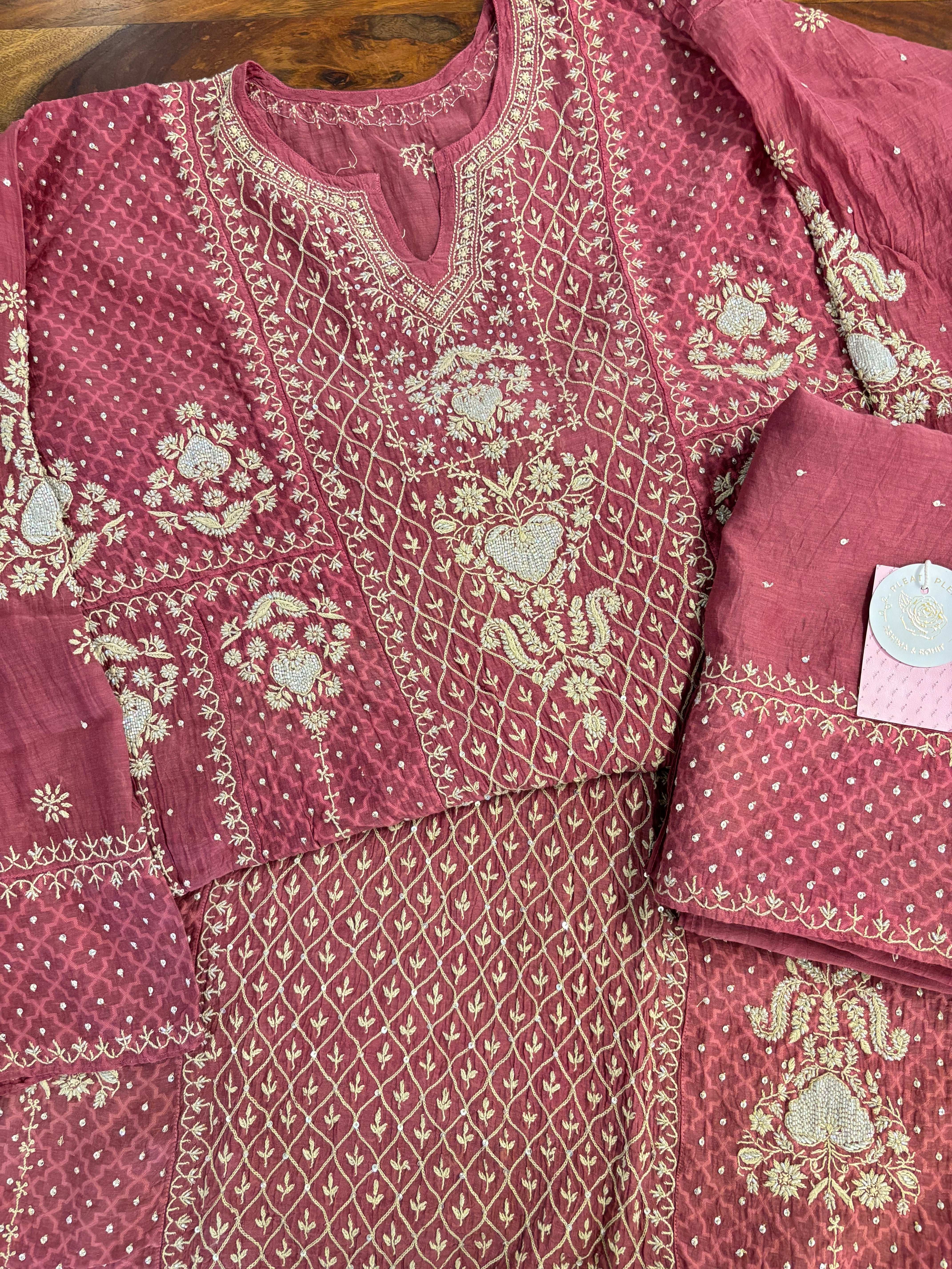 Maroon Chanderi Mul Chikankari Anarkali & Dupatta Set