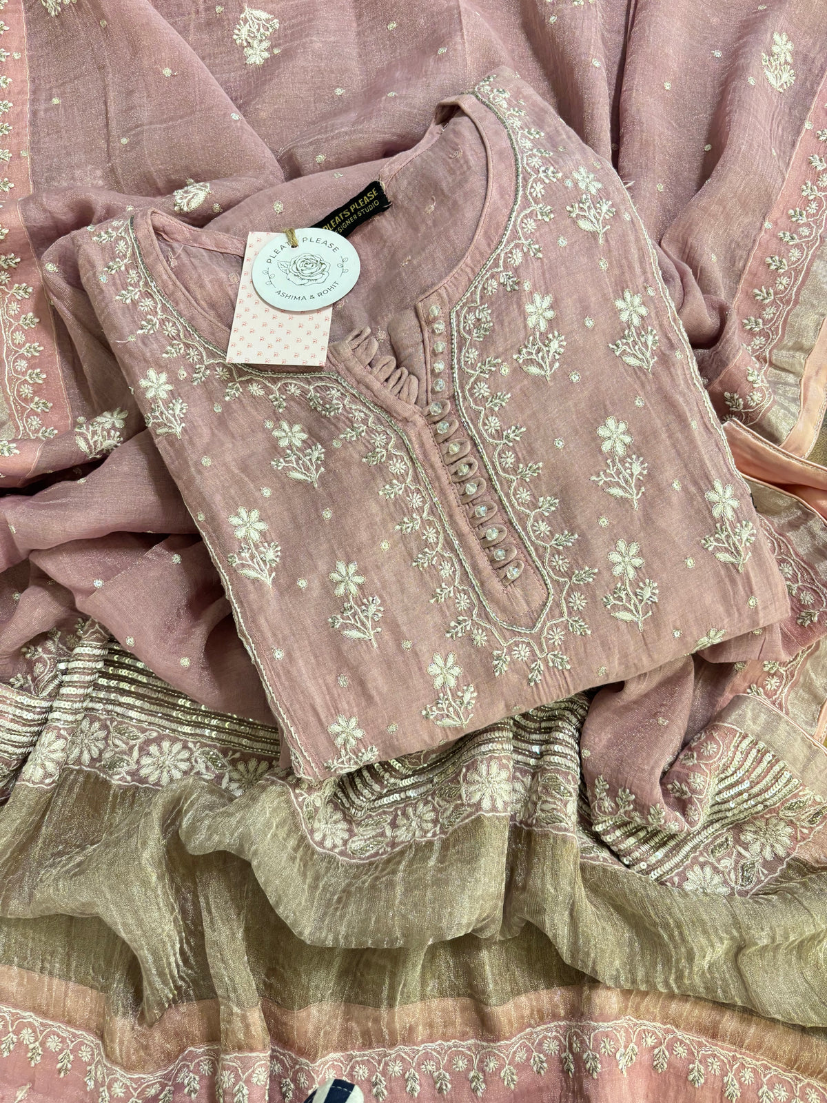 Pink Pure & Premium Tissue Chikankari Anarkali & Dupatta
