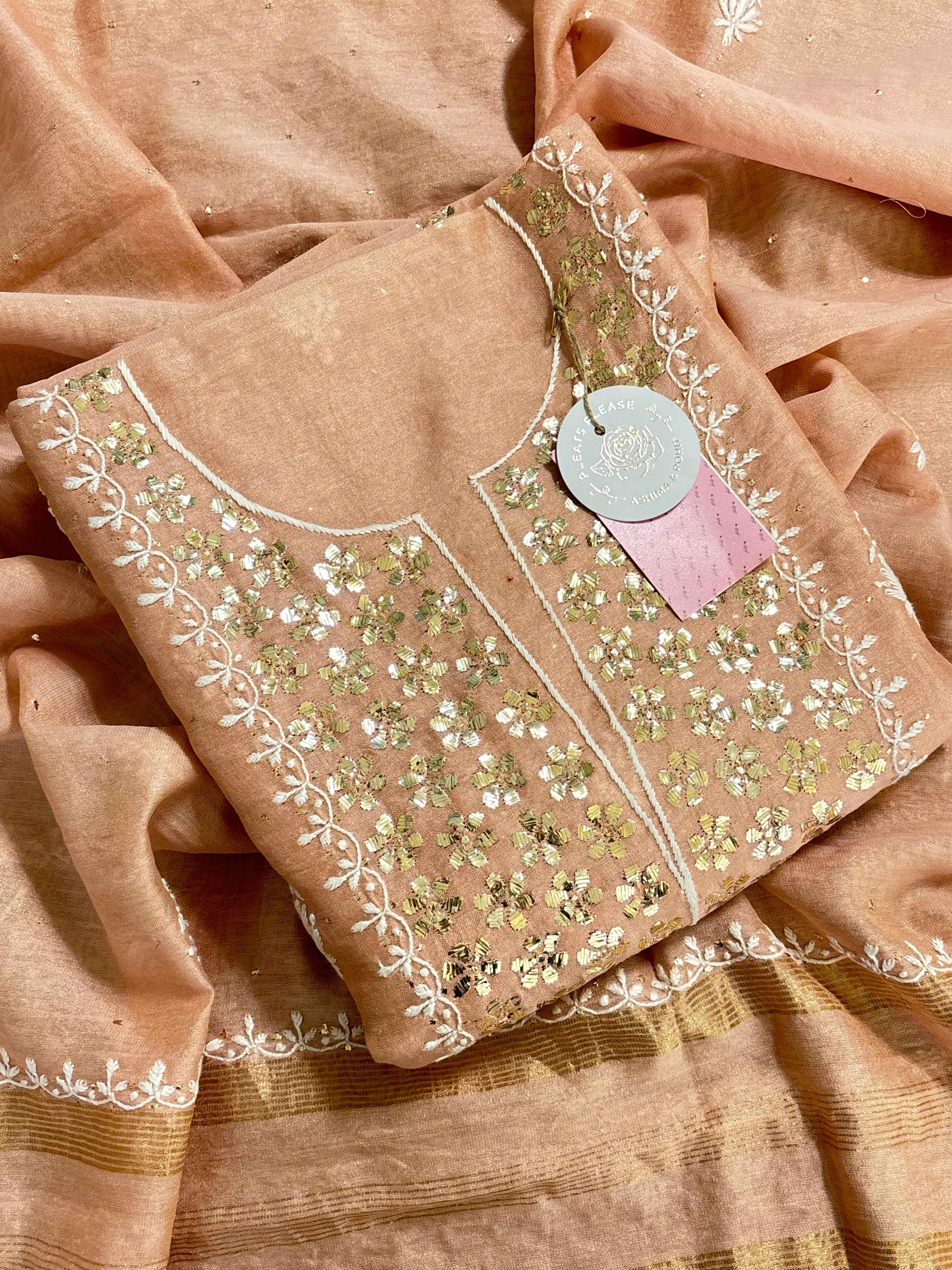 Peach Tissue Chikankari Mukaish kurta Dupatta set